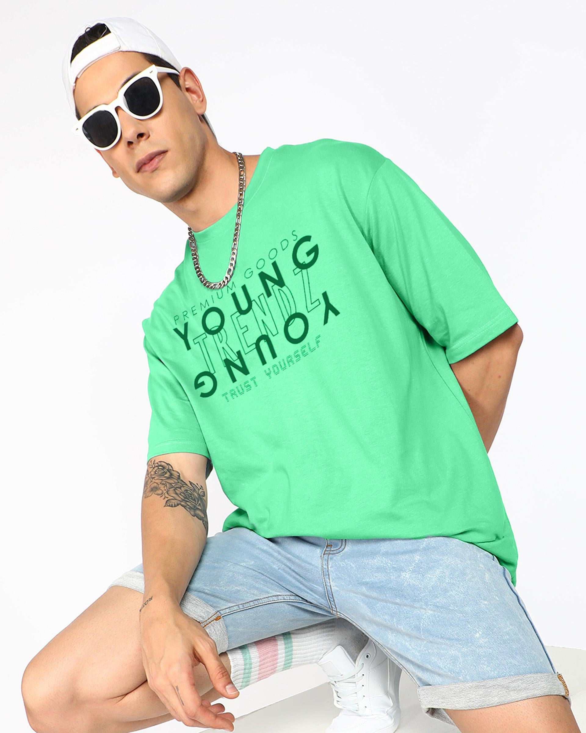 Oversized Typography Men Round Neck Light Green T-Shirt - Young Trendz