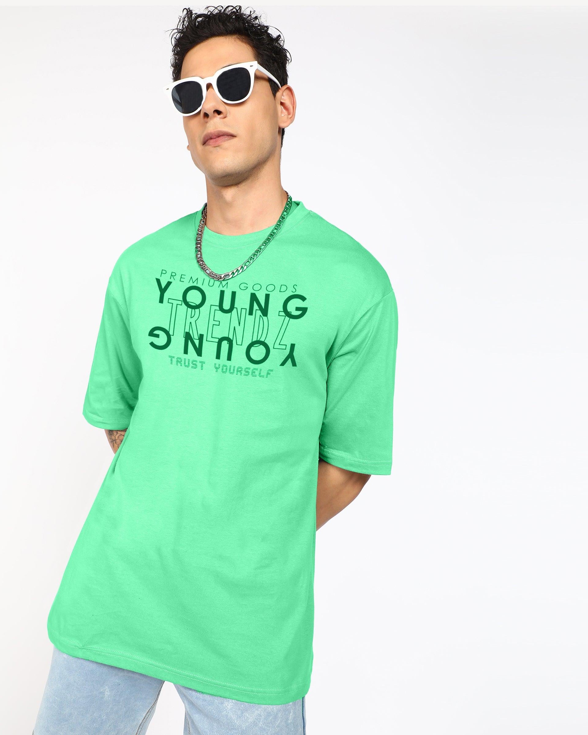 Oversized Typography Men Round Neck Light Green T-Shirt - Young Trendz