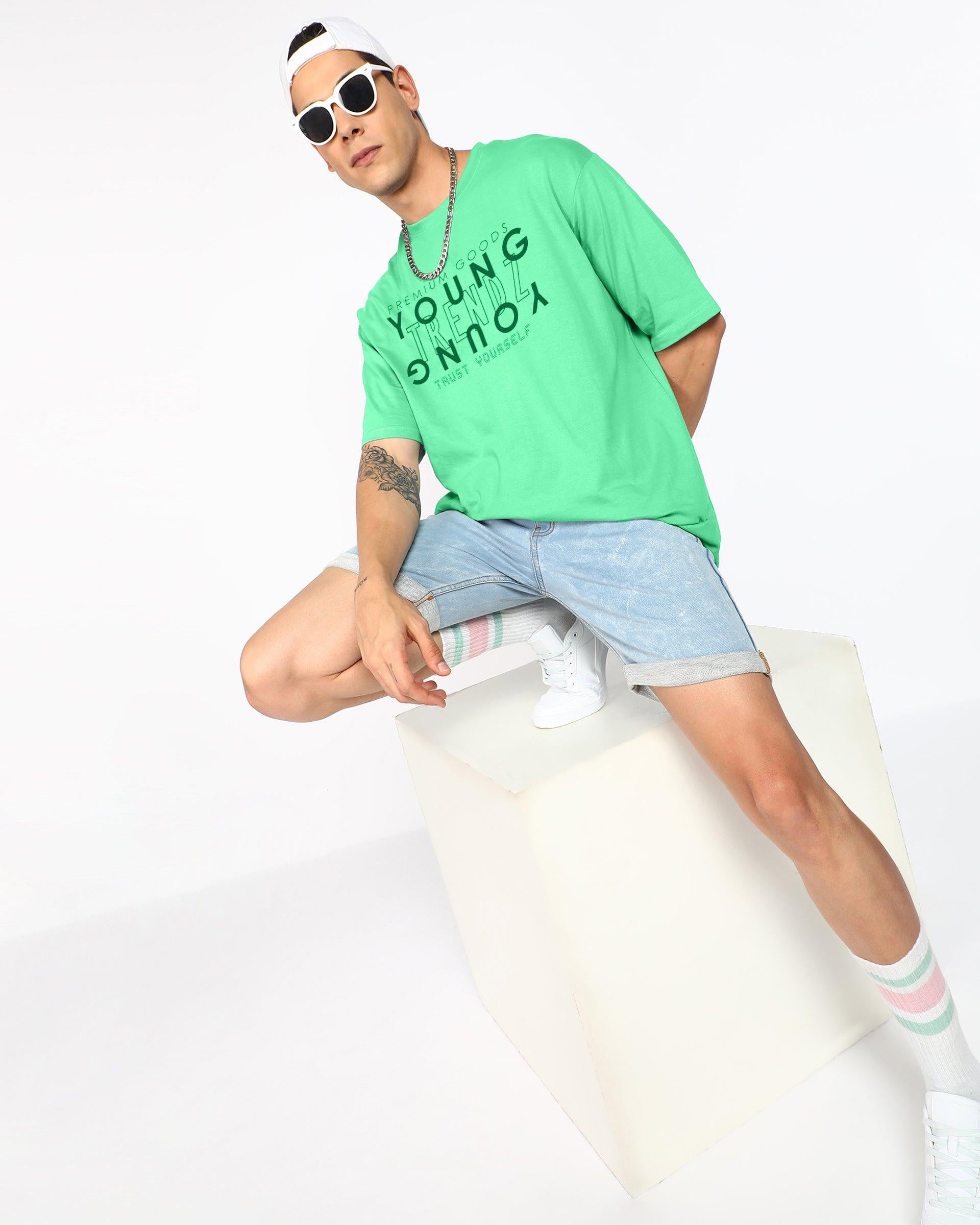Oversized Typography Men Round Neck Light Green T-Shirt - Young Trendz
