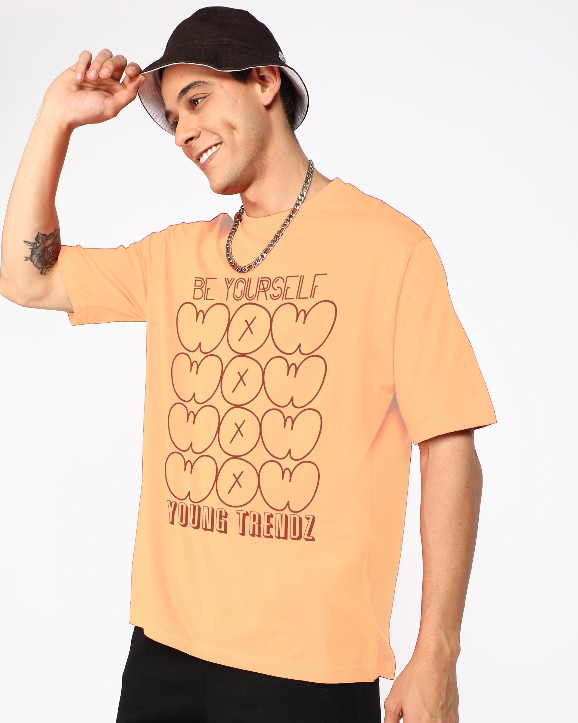 Oversized Typography Men Round Neck T-Shirt (Peach) - Young Trendz