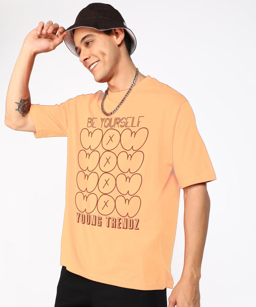 Oversized Typography Men Round Neck T-Shirt (Peach) - Young Trendz