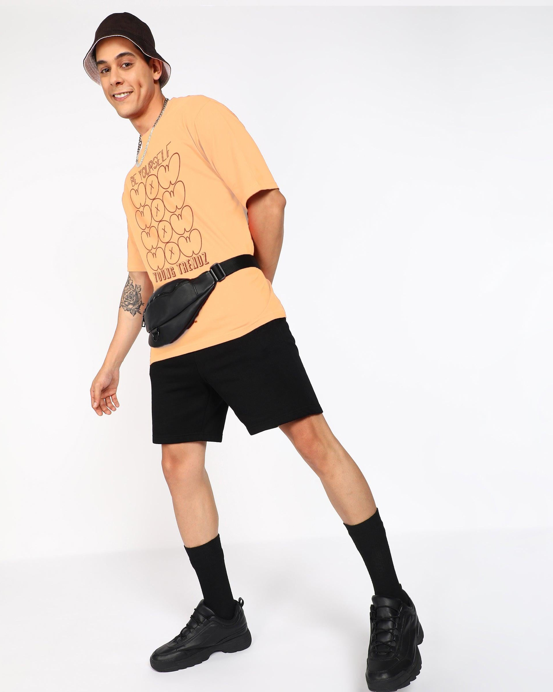 Oversized Typography Men Round Neck T-Shirt (Peach) - Young Trendz