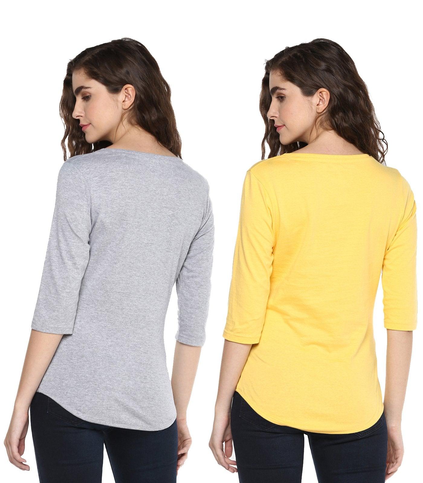 Young Trendz Womens Combo 3/4th Sleeve Pandaeyes Printed Grey Color and Fish Printed Yellow Color Tshirts - Young Trendz