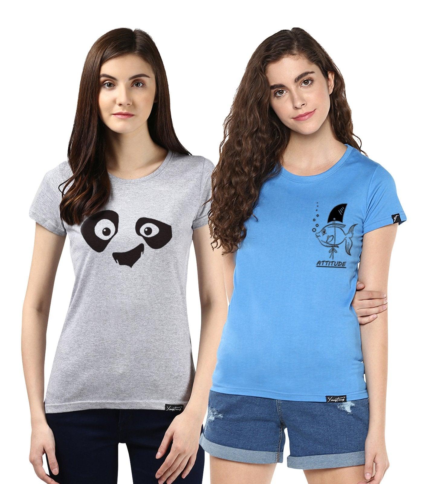 Young Trendz Womens Combo Half Sleeve Pandaeyes Printed Grey Color and Fish Printed Skyblue Color Tshirts - Young Trendz