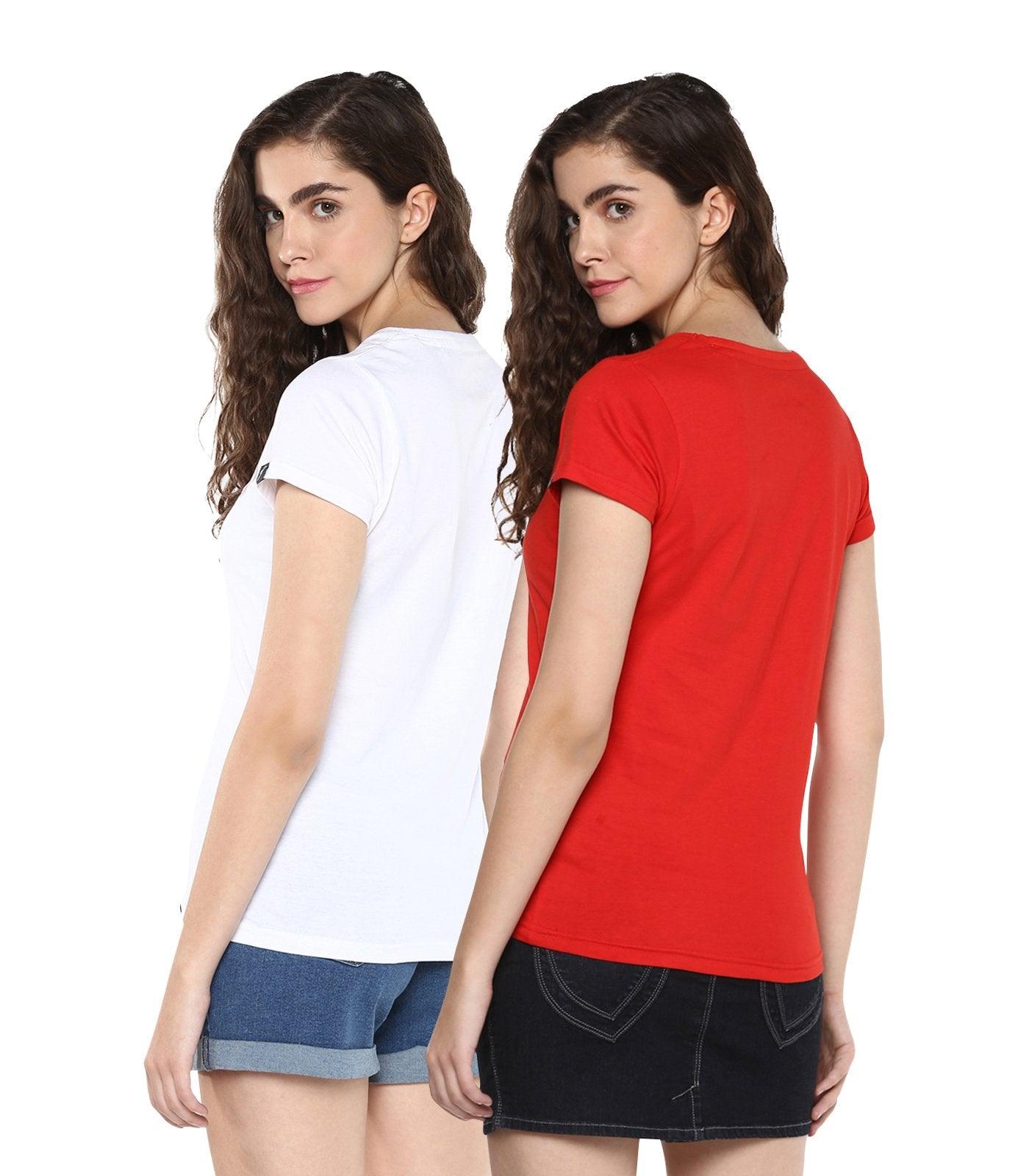 Young Trendz Womens Combo Half Sleeve Pandaeyes Printed White Color and Girlpower Printed Red Color Tshirts - Young Trendz