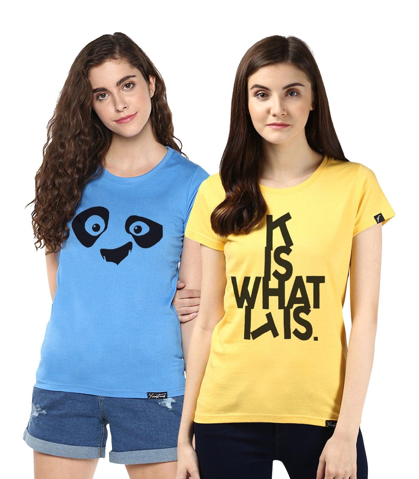 Young Trendz Womens Combo Half Sleeve Pandaeyes Printed Skyblue Color and Itis Printed Yellow Color Tshirts - Young Trendz