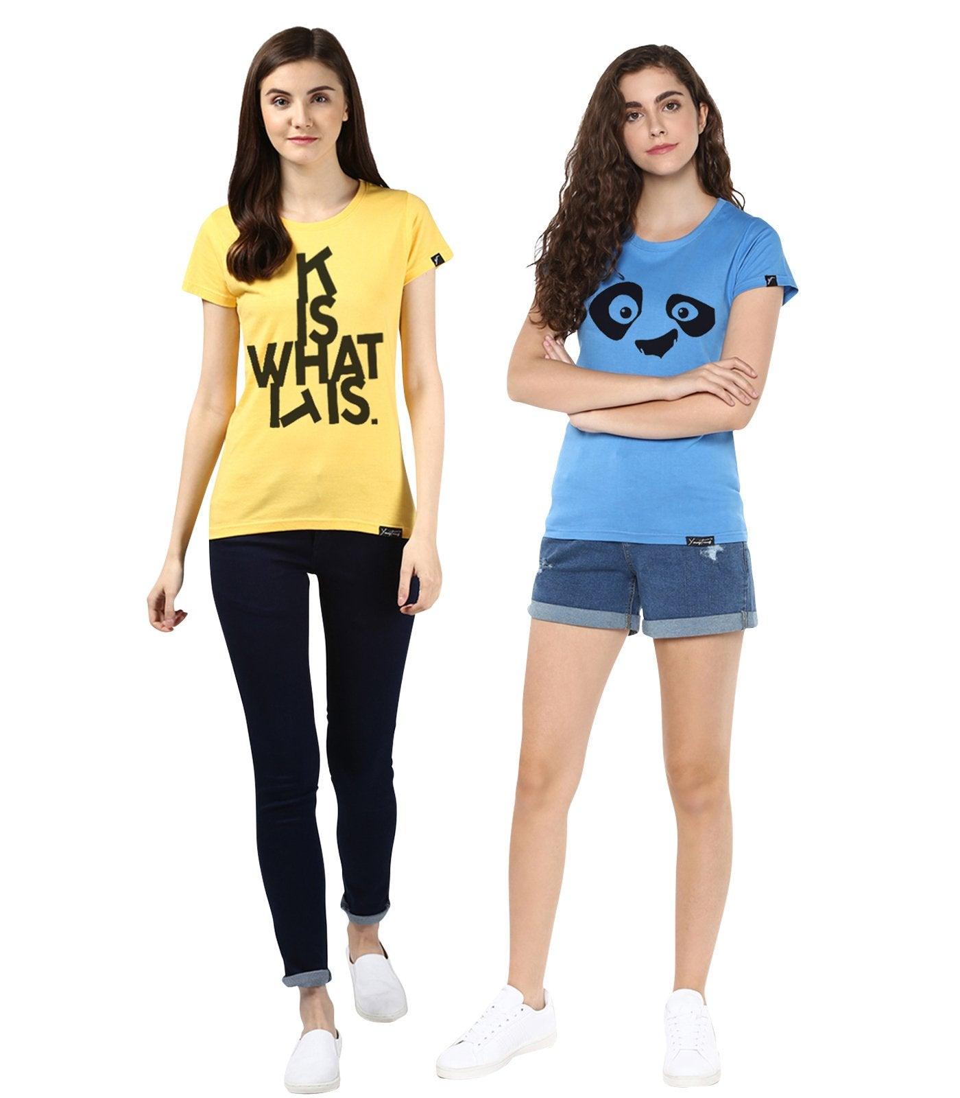 Young Trendz Womens Combo Half Sleeve Pandaeyes Printed Skyblue Color and Itis Printed Yellow Color Tshirts - Young Trendz