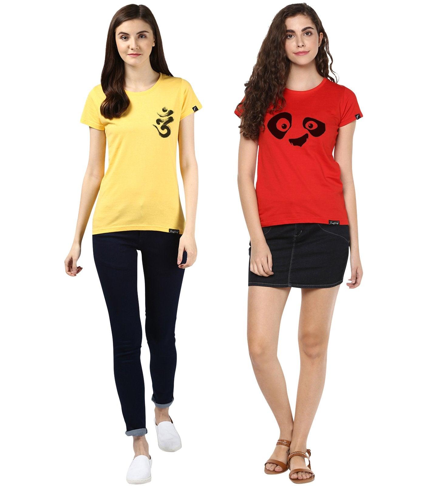Young Trendz Womens Combo Half Sleeve Pandaeyes Printed Red Color and Ommpocket Printed Yellow Color Tshirts - Young Trendz