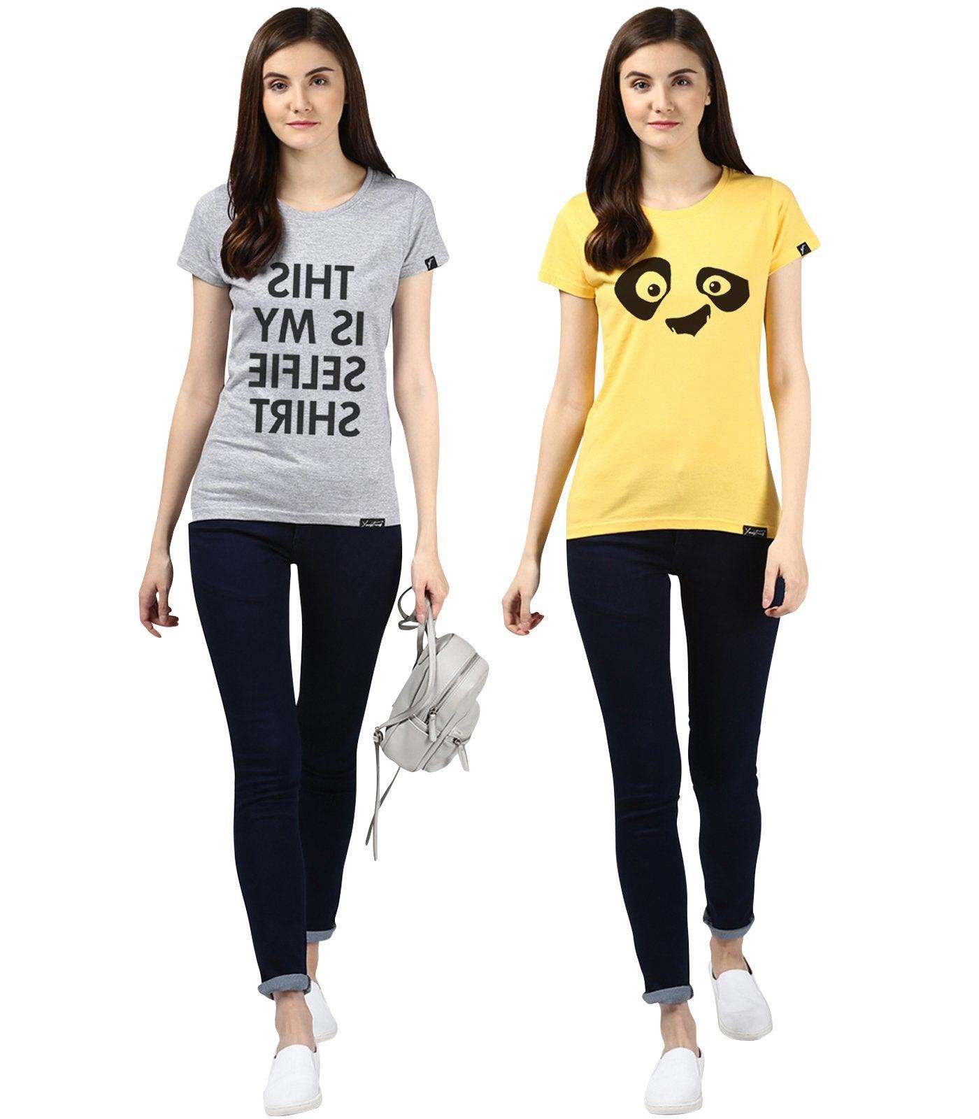 Young Trendz Womens Combo Half Sleeve Pandaeyes Printed Yellow Color and Selfie Printed Grey Color Tshirts - Young Trendz