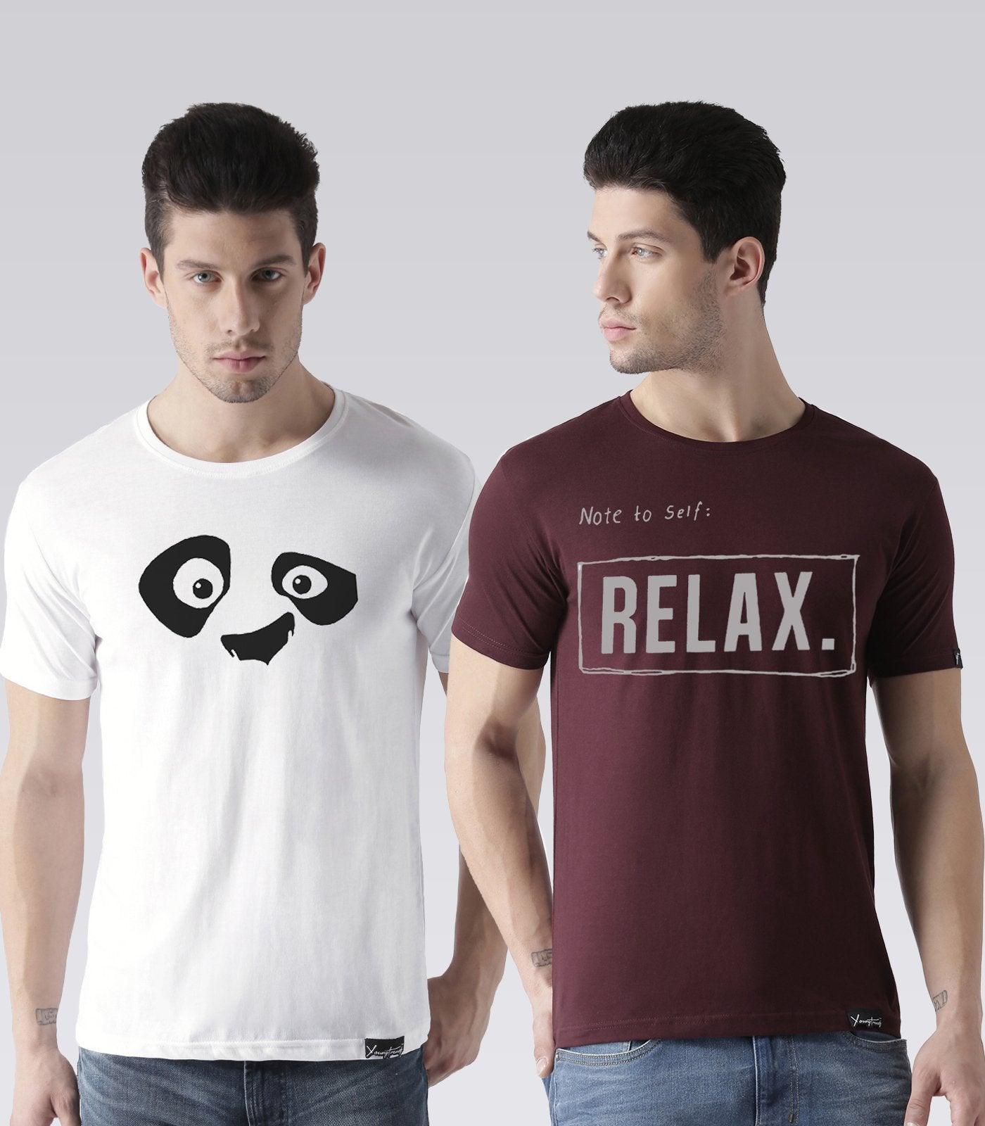 Young Trendz Mens Combo Pandaeyes White Color and Noterelax Maroon Color Half Sleeve Printed T-Shirts - Young Trendz