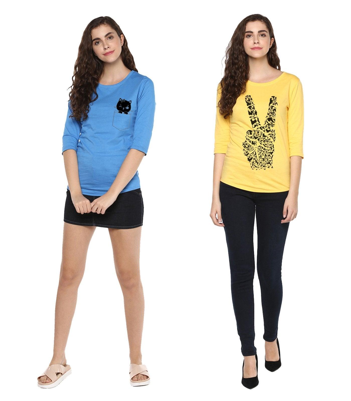 Young Trendz Womens Combo 3/4th Sleeve Peace Printed Yellow Color and Cat Printed Sky Blue Color Tshirts - Young Trendz