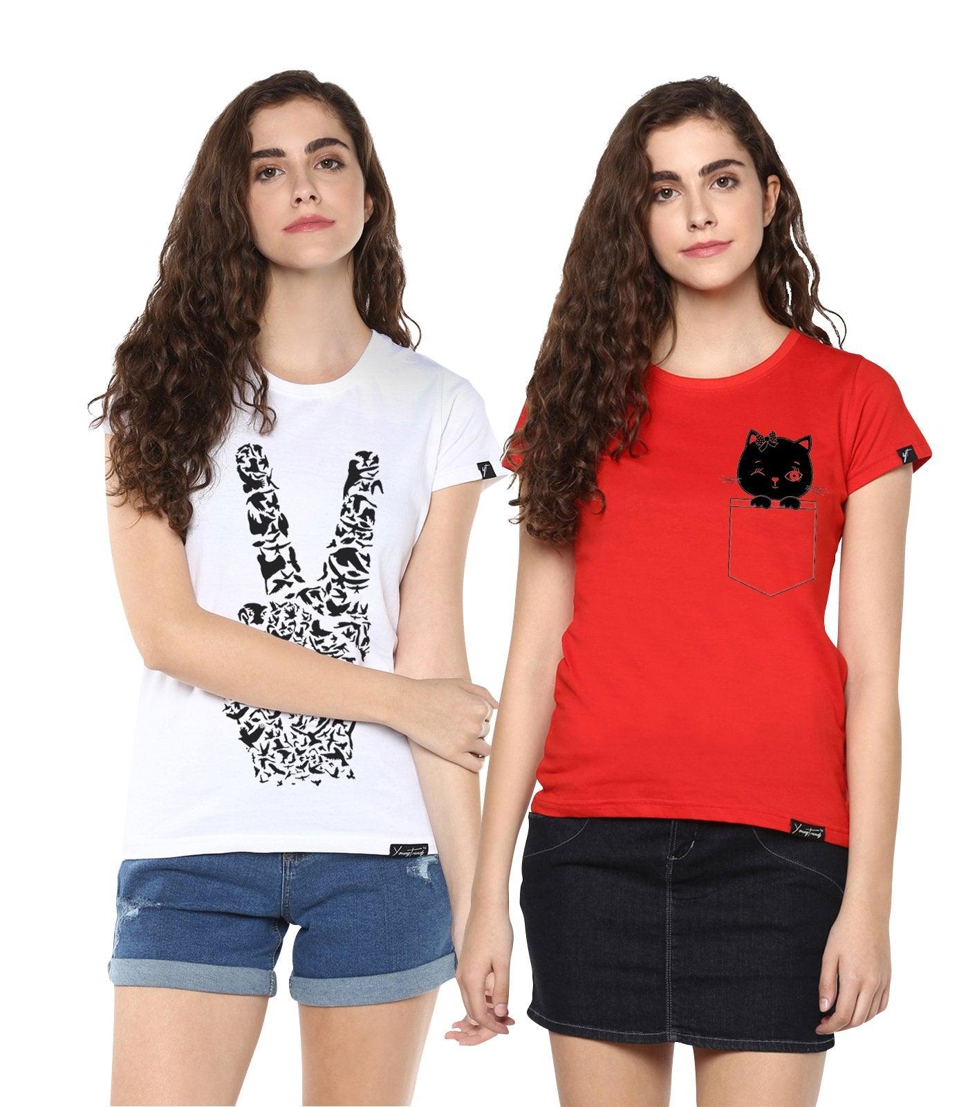 Young Trendz Womens Combo Half Sleeve Peace Printed White Color and Cat Printed Red Color Tshirts - Young Trendz