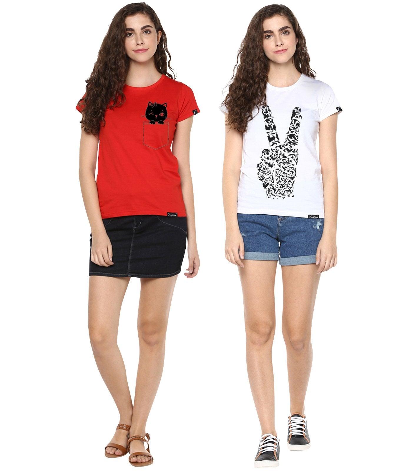 Young Trendz Womens Combo Half Sleeve Peace Printed White Color and Cat Printed Red Color Tshirts - Young Trendz