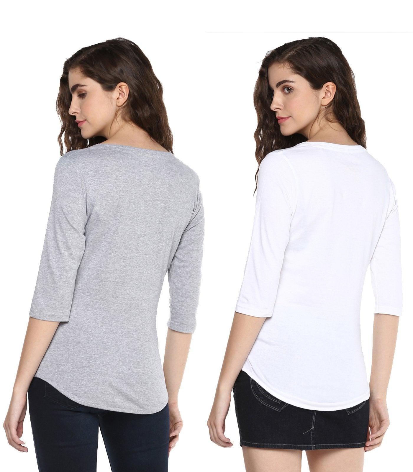 Young Trendz Womens Combo 3/4th Sleeve Peace Printed Grey Color and Complicated Printed White Color Tshirts - Young Trendz