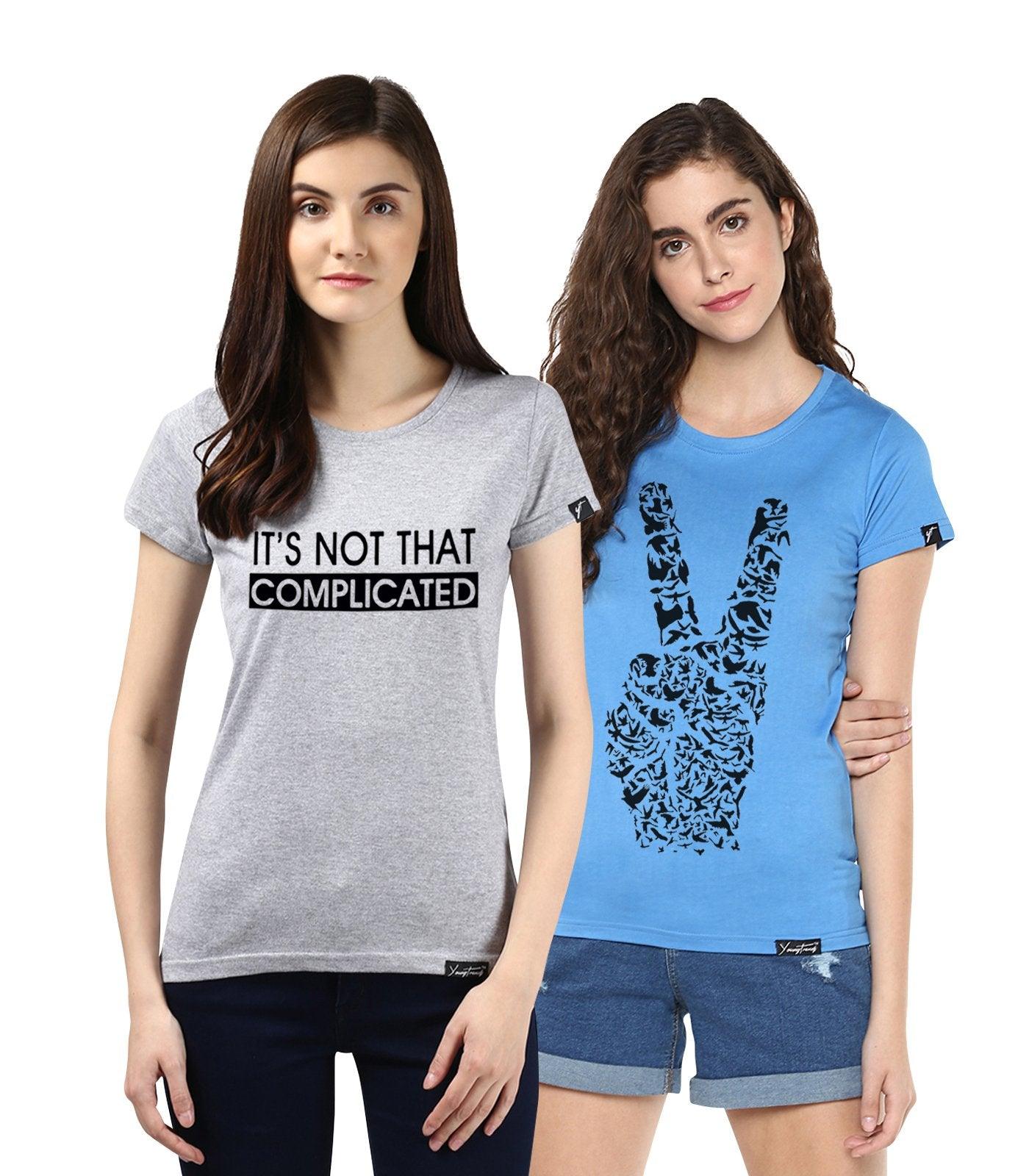 Young Trendz Womens Combo Half Sleeve Peace Printed Skyblue Color and Complicated Printed Grey Color Tshirts - Young Trendz