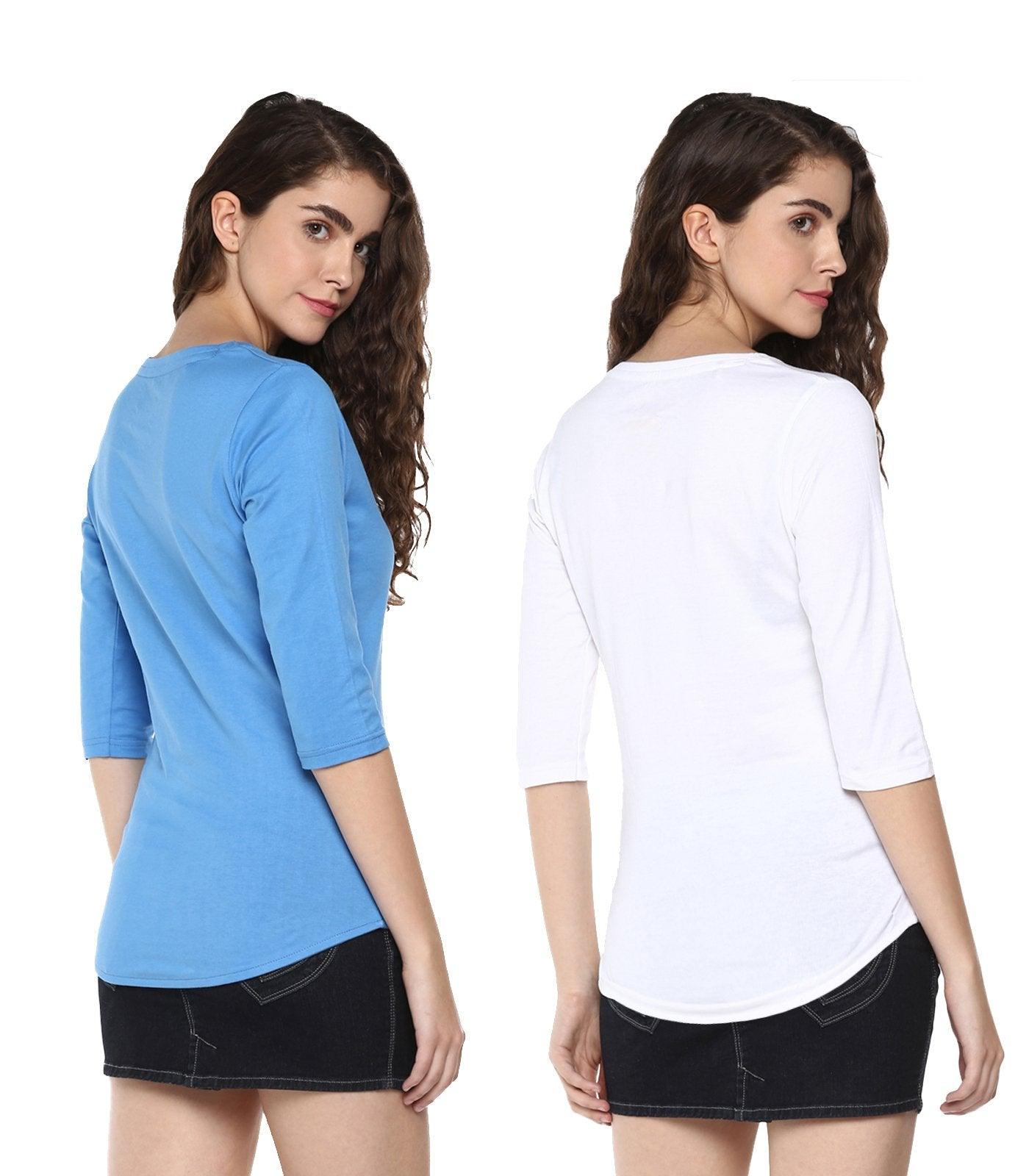 Young Trendz Womens Combo 3/4th Sleeve Peace Printed Sky Blue Color and Frenchfry Printed White Color Tshirts - Young Trendz