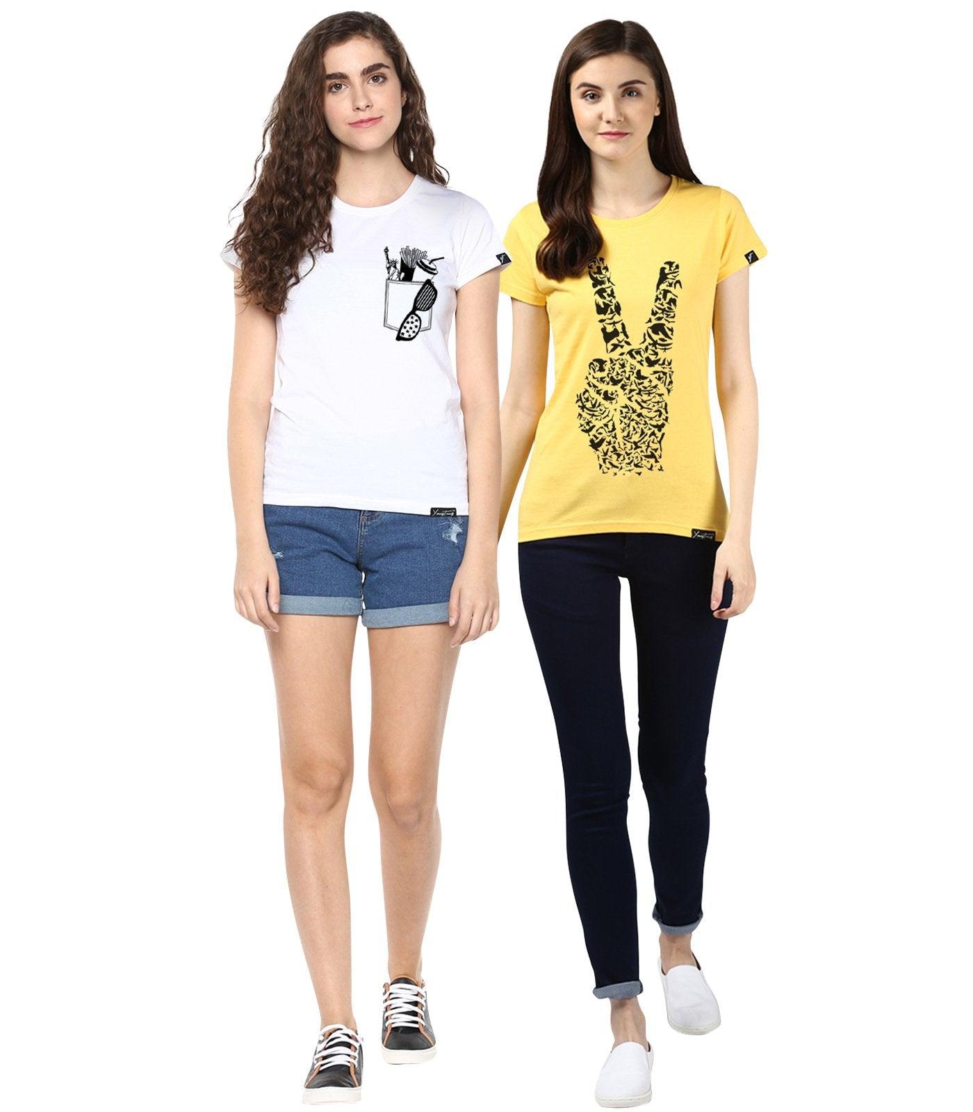 Young Trendz Womens Combo Half Sleeve Peace Printed Yellow Color and Frechfry Printed White Color Tshirts - Young Trendz