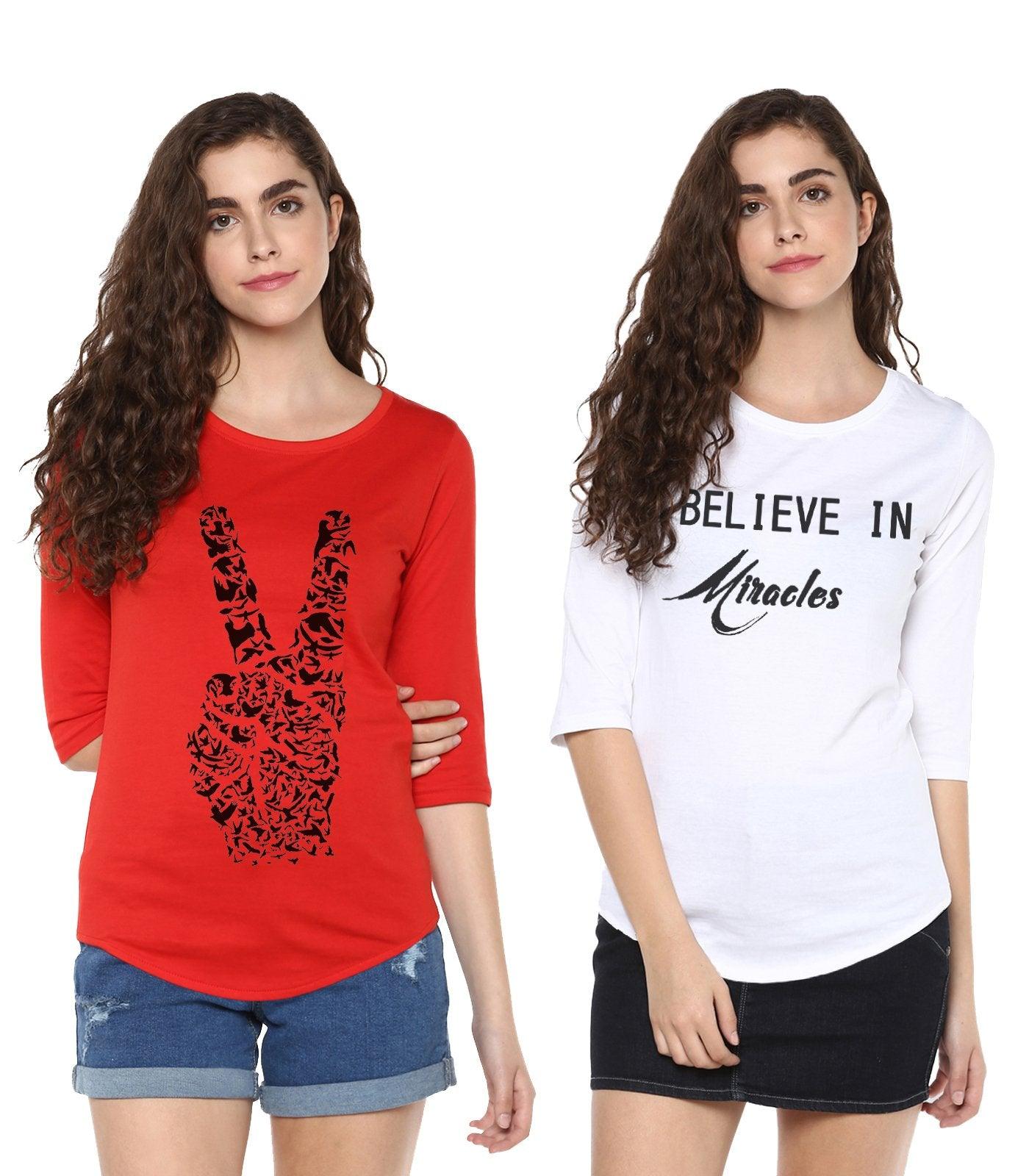Young Trendz Womens Combo 3/4th Sleeve Peace Printed Red Color and Miracle Printed White Color Tshirts - Young Trendz