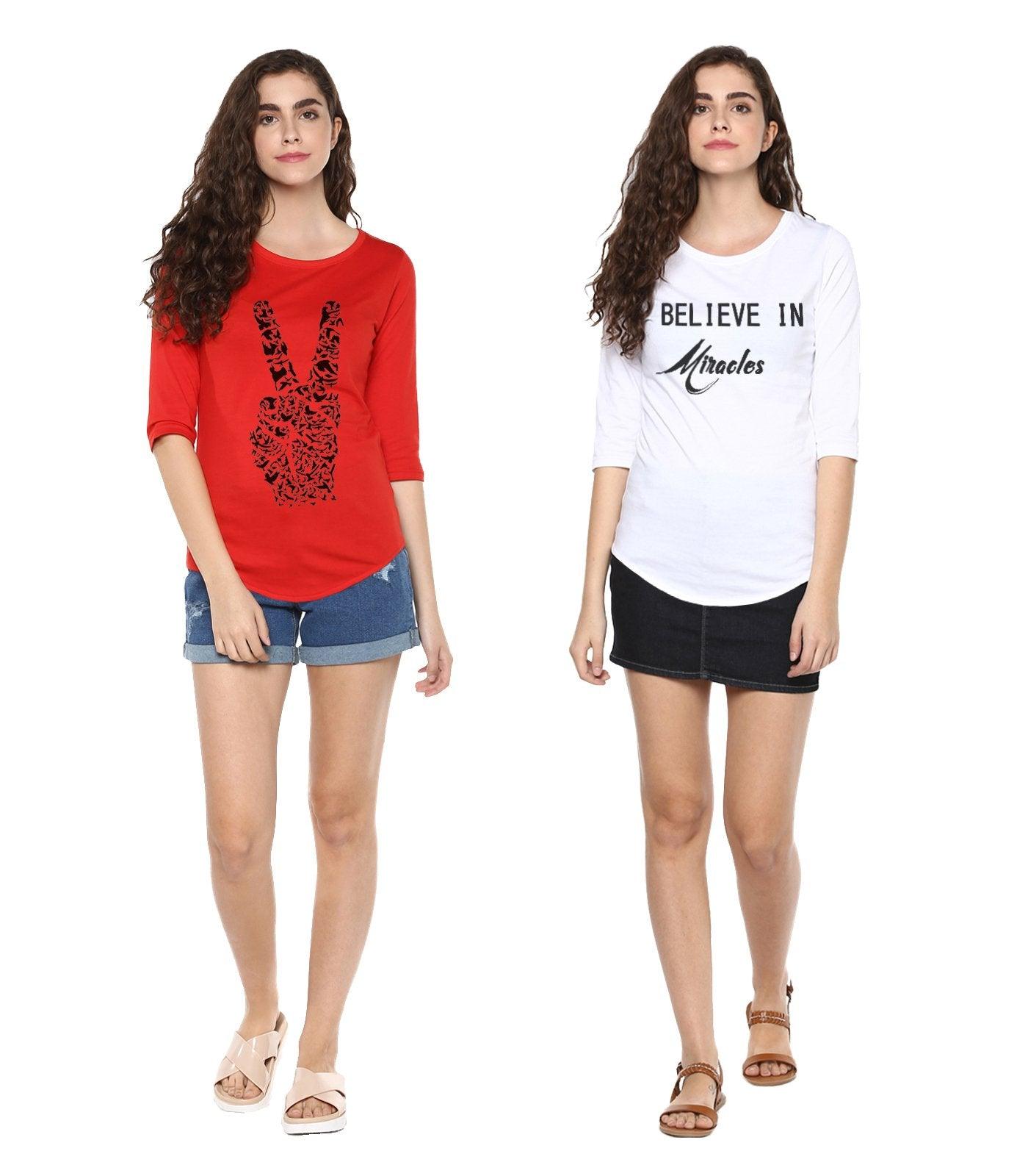 Young Trendz Womens Combo 3/4th Sleeve Peace Printed Red Color and Miracle Printed White Color Tshirts - Young Trendz