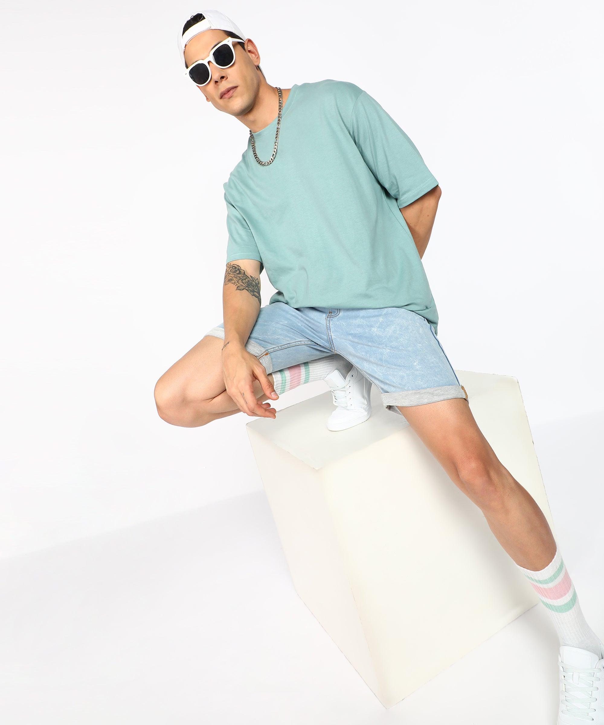 Solid Mens Oversize Tshirt Solid Men Round Neck Pista Green T-Shirt - Young Trendz