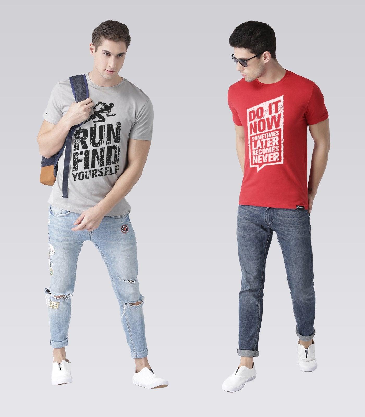 Young Trendz Mens Combo Runfind Steel Grey Color and Doit Red Color Half Sleeve Printed T-Shirts - Young Trendz