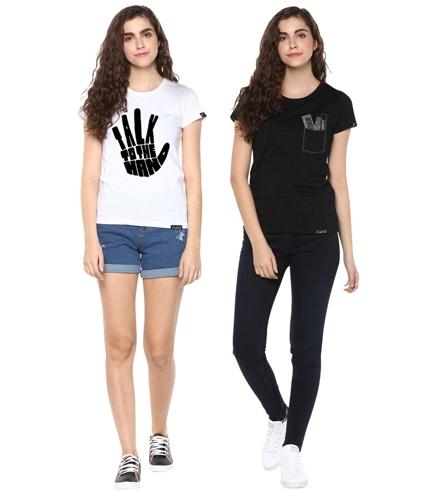 Young Trendz Womens Combo Half Sleeve Talk Printed White Color and Chocolate Printed Black Color Tshirts - Young Trendz