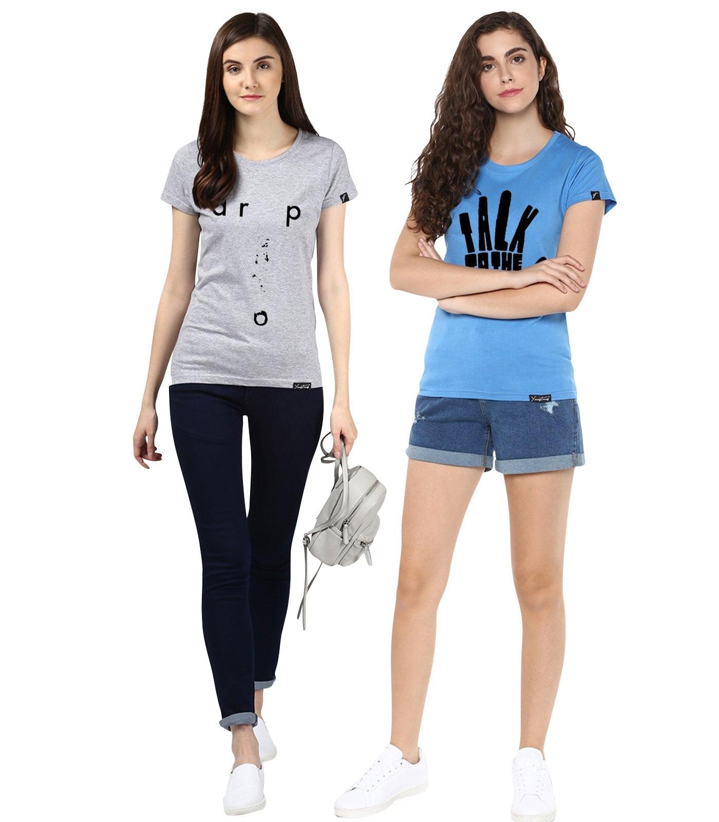 Young Trendz Womens Combo Half Sleeve Talk Printed Skyblue Color and Drop Printed Grey Color Tshirts - Young Trendz