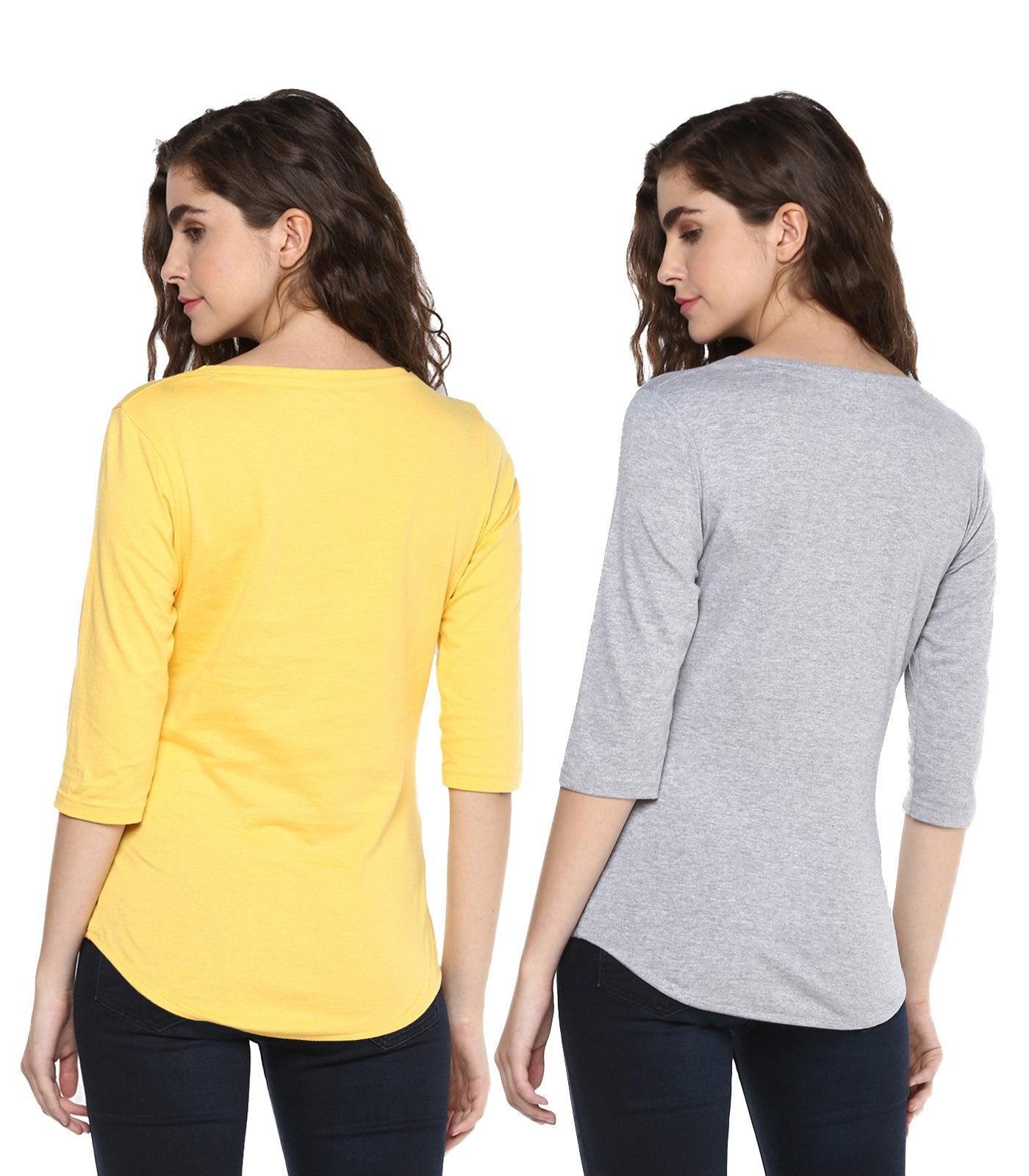 Young Trendz Womens Combo 3/4th Sleeve Talk Printed Yellow Color and Itis Printed Grey Color Tshirts - Young Trendz