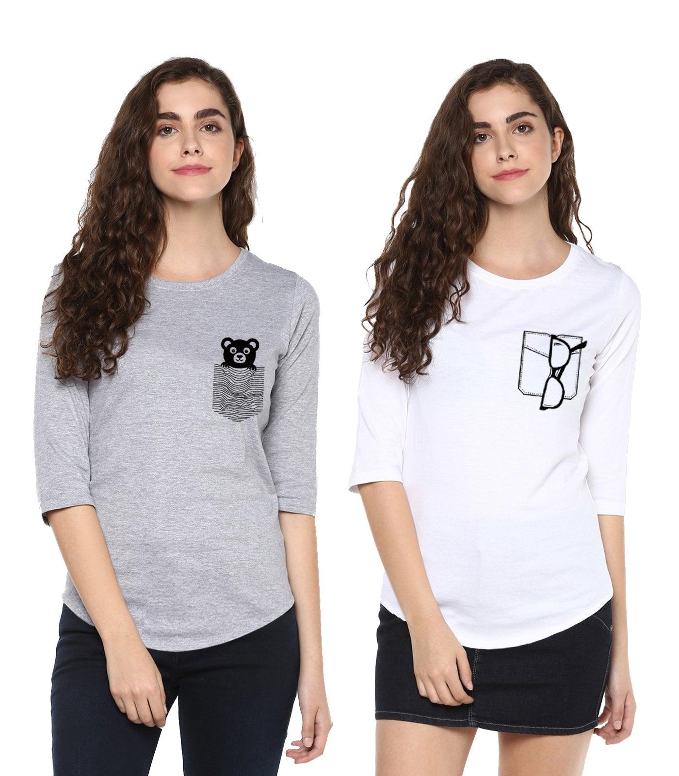 Young Trendz Womens Combo 3/4th Sleeve Teddy Printed Grey Color and Glass Printed White Color Tshirts - Young Trendz