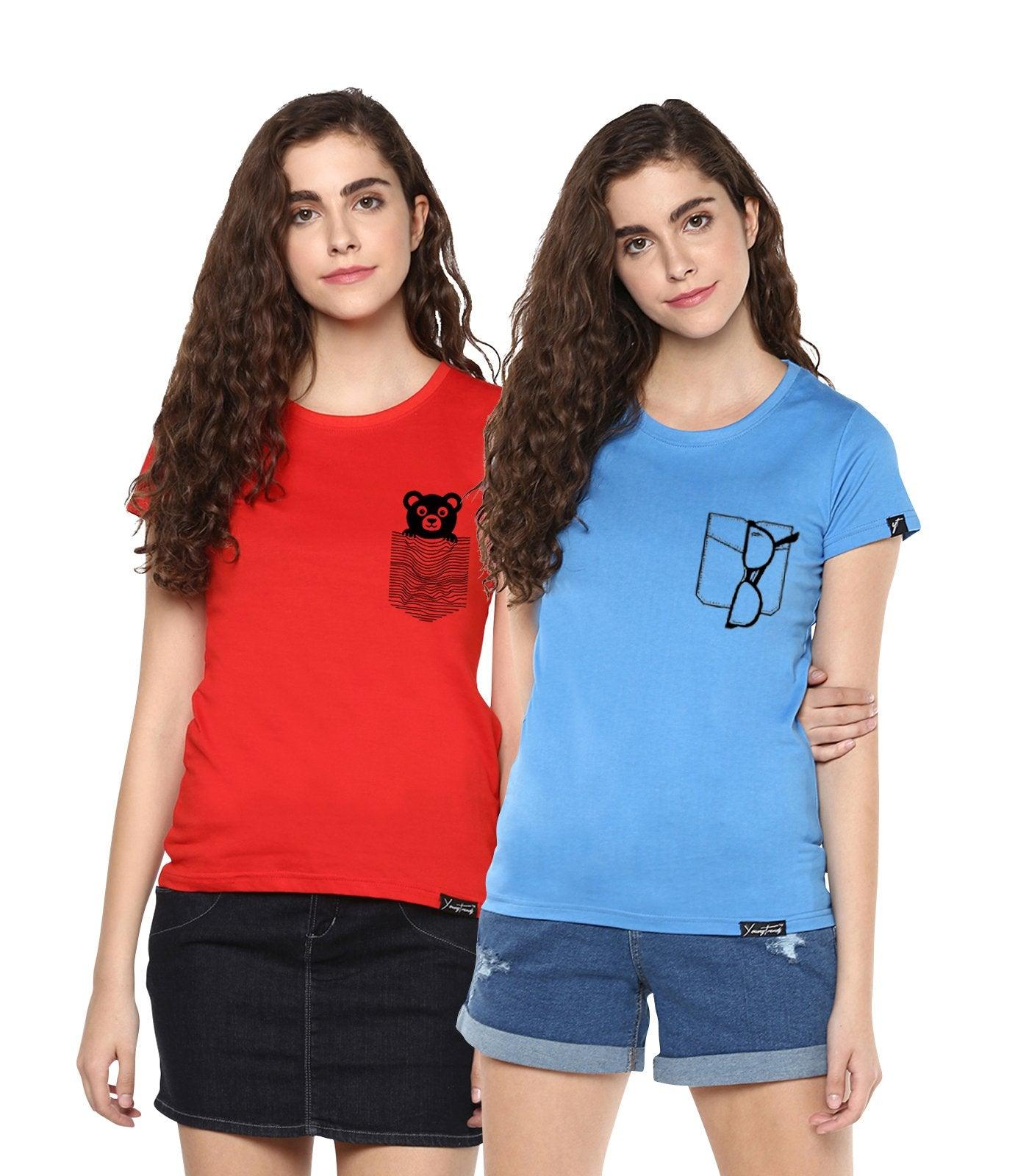 Young Trendz Womens Combo Half Sleeve Teddy Printed Red Color and Glass Printed Skyblue Color Tshirts - Young Trendz