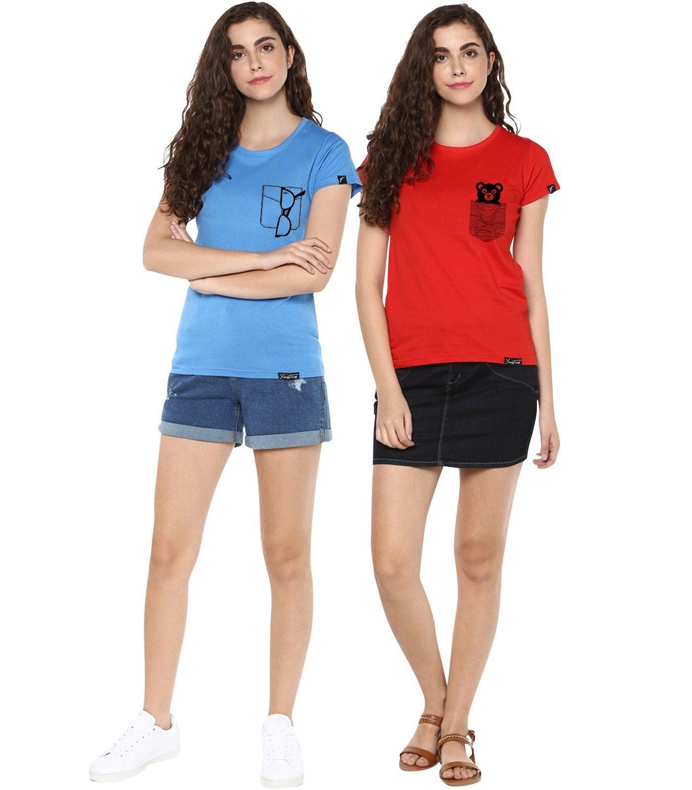 Young Trendz Womens Combo Half Sleeve Teddy Printed Red Color and Glass Printed Skyblue Color Tshirts - Young Trendz
