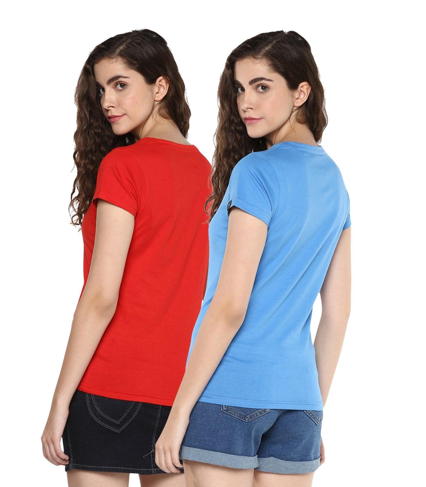Young Trendz Womens Combo Half Sleeve Teddy Printed Red Color and Glass Printed Skyblue Color Tshirts - Young Trendz