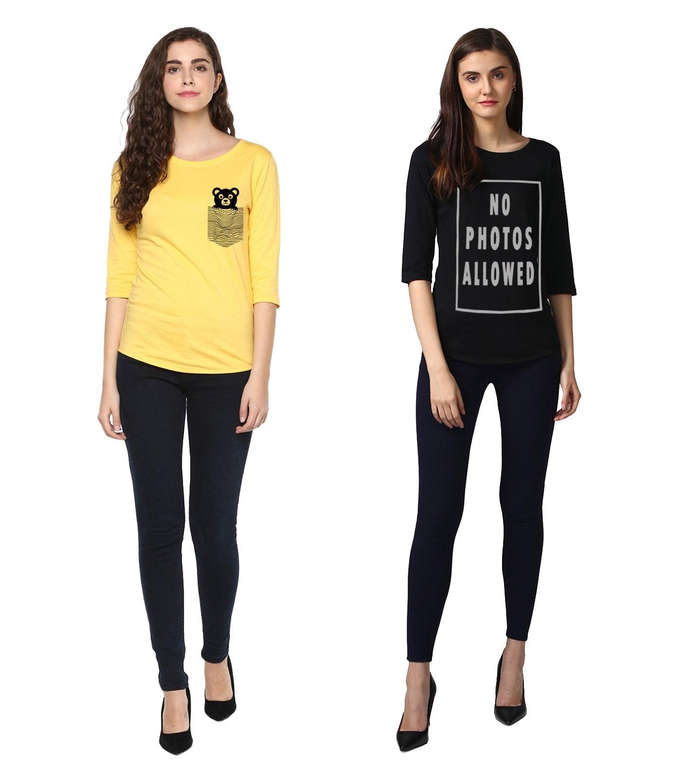 Young Trendz Womens Combo 3/4th Sleeve Teddy Printed Yellow Color and Nophot Printed Black Color Tshirts - Young Trendz