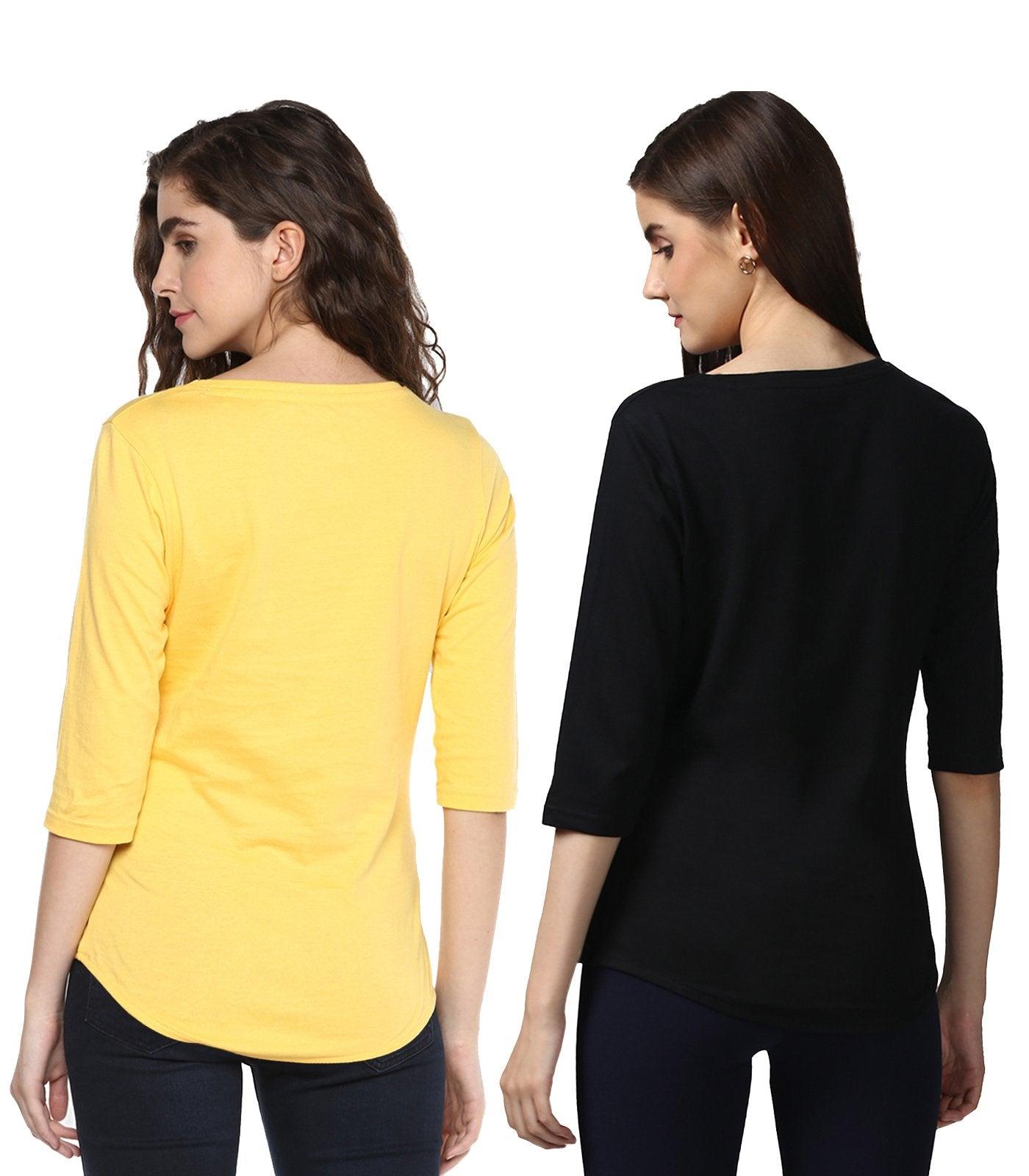 Young Trendz Womens Combo 3/4th Sleeve Teddy Printed Yellow Color and Nophot Printed Black Color Tshirts - Young Trendz