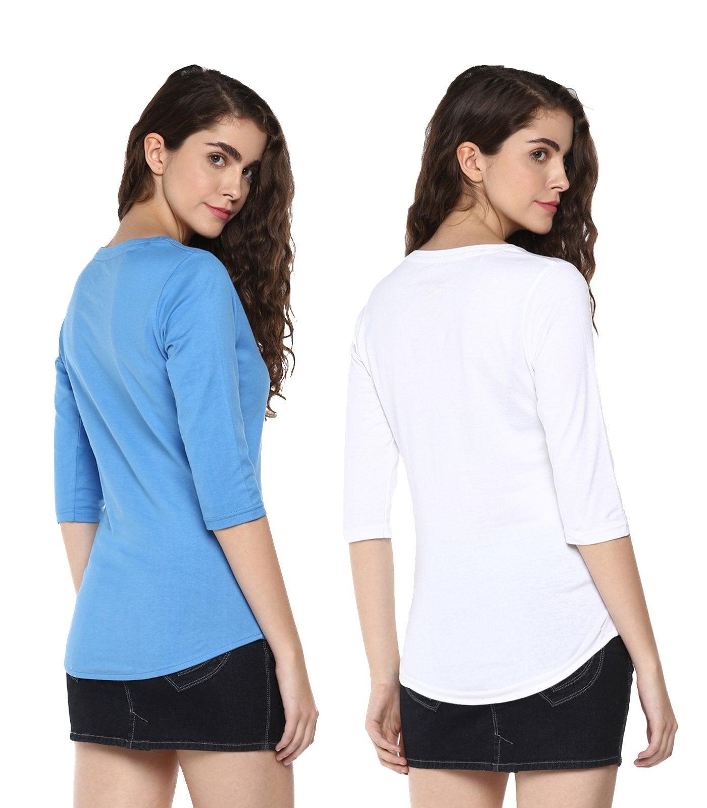 Young Trendz Womens Combo 3/4th Sleeve Teddy Printed Sky Blue Color and Note2relax Printed White Color Tshirts - Young Trendz