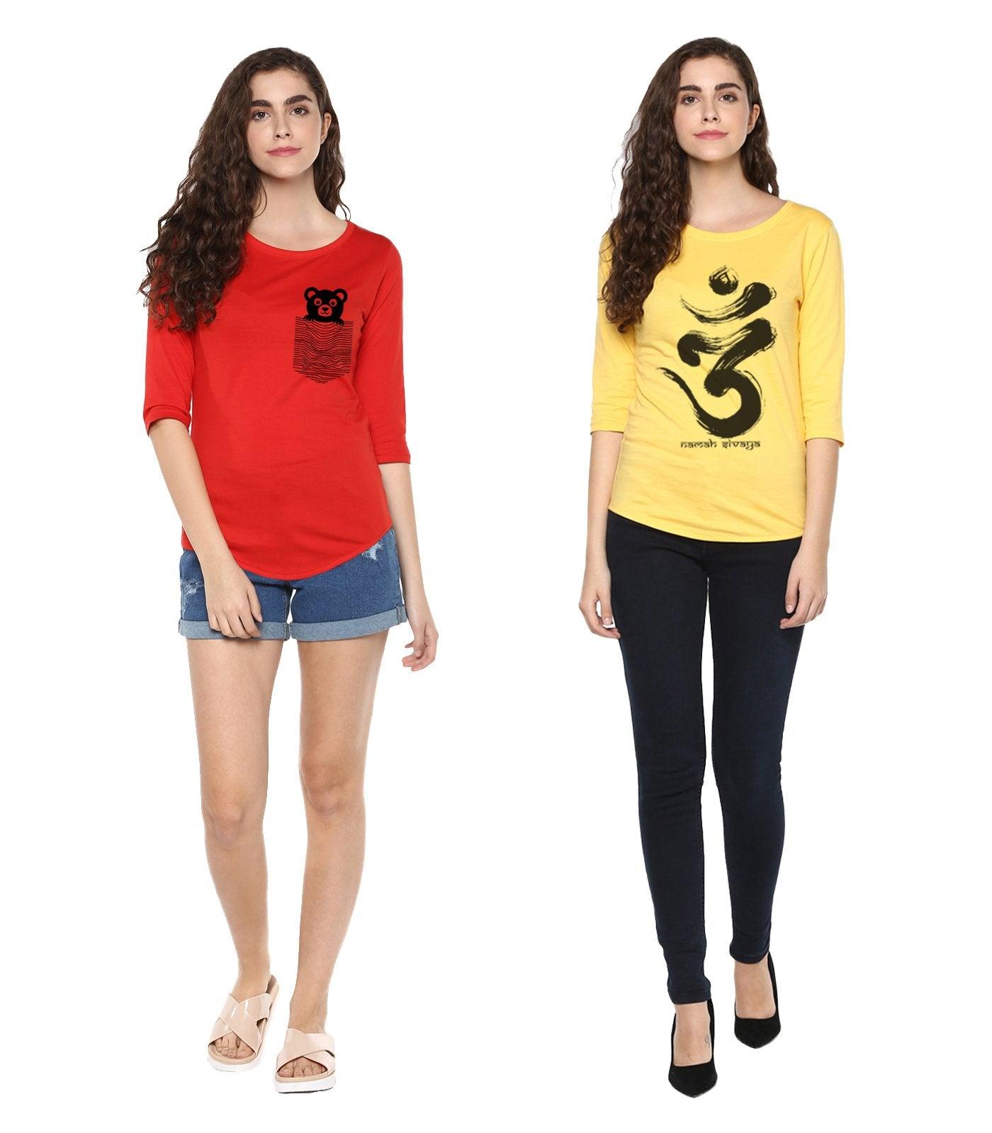 Young Trendz Womens Combo 3/4th Sleeve Teddy Printed Red Color and Omm Printed Yellow Color Tshirts - Young Trendz