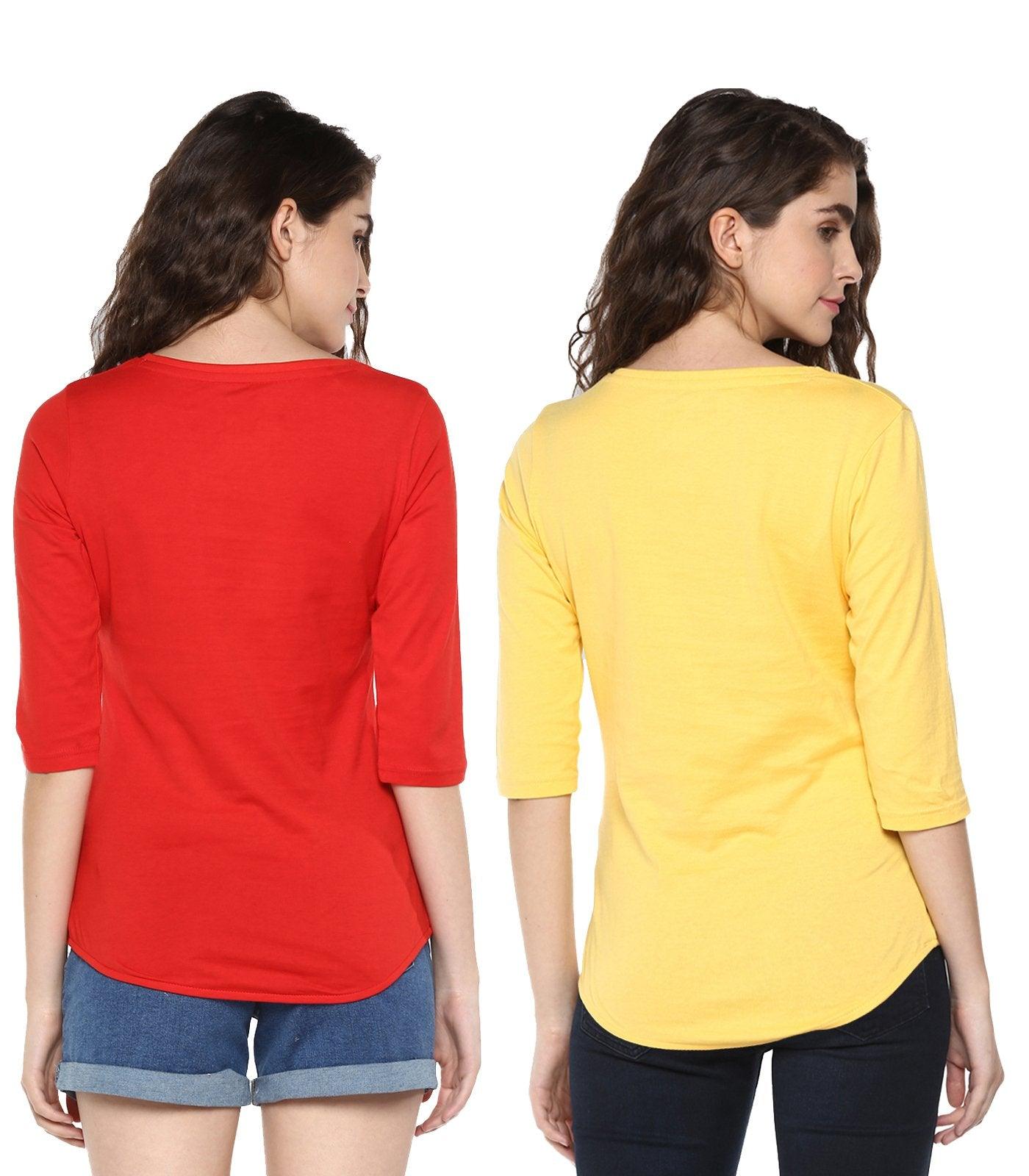 Young Trendz Womens Combo 3/4th Sleeve Teddy Printed Red Color and Omm Printed Yellow Color Tshirts - Young Trendz
