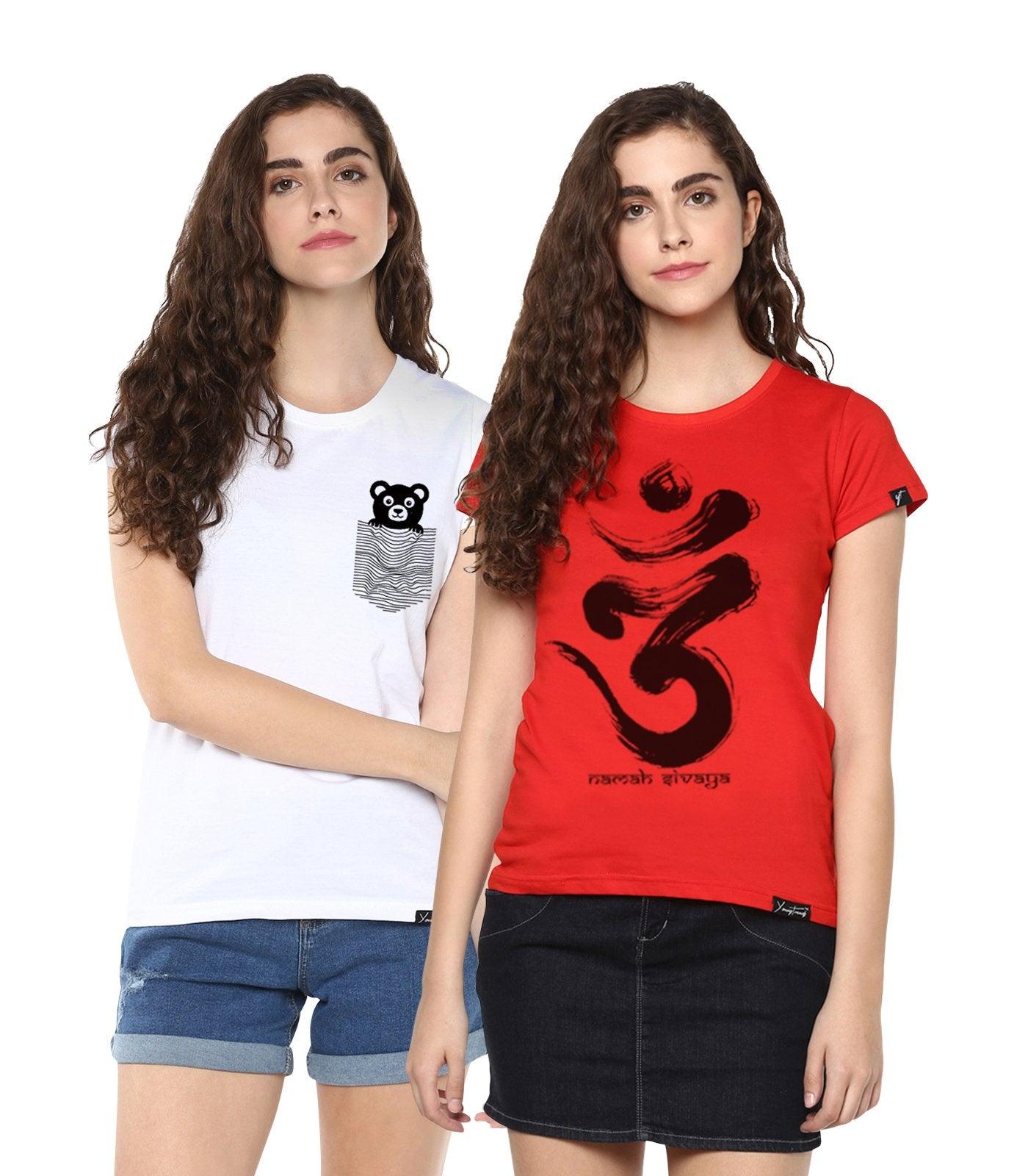 Young Trendz Womens Combo Half Sleeve Teddy Printed White Color and Omm Printed Red Color Tshirts - Young Trendz