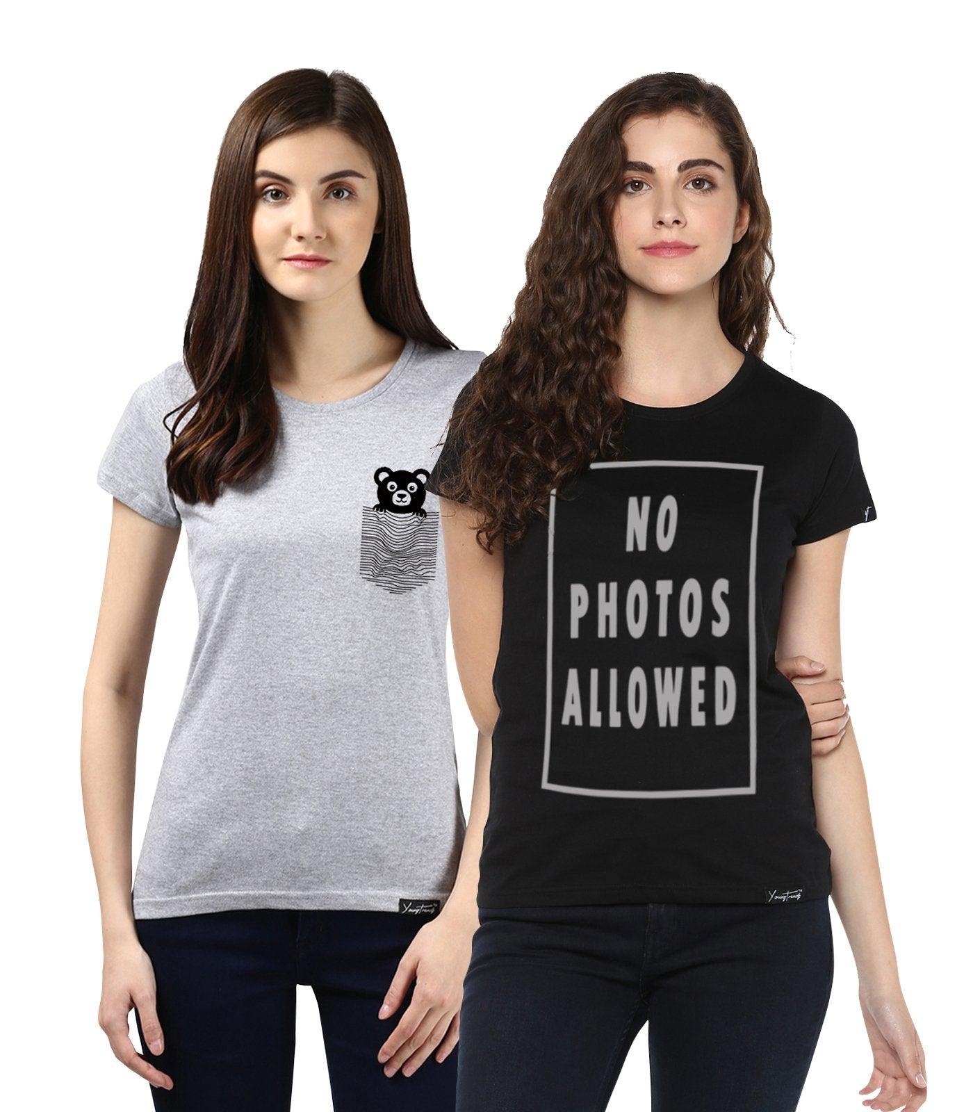 Young Trendz Womens Combo Half Sleeve Teddy Printed Grey Color and Nophoto Printed Black Color Tshirts - Young Trendz
