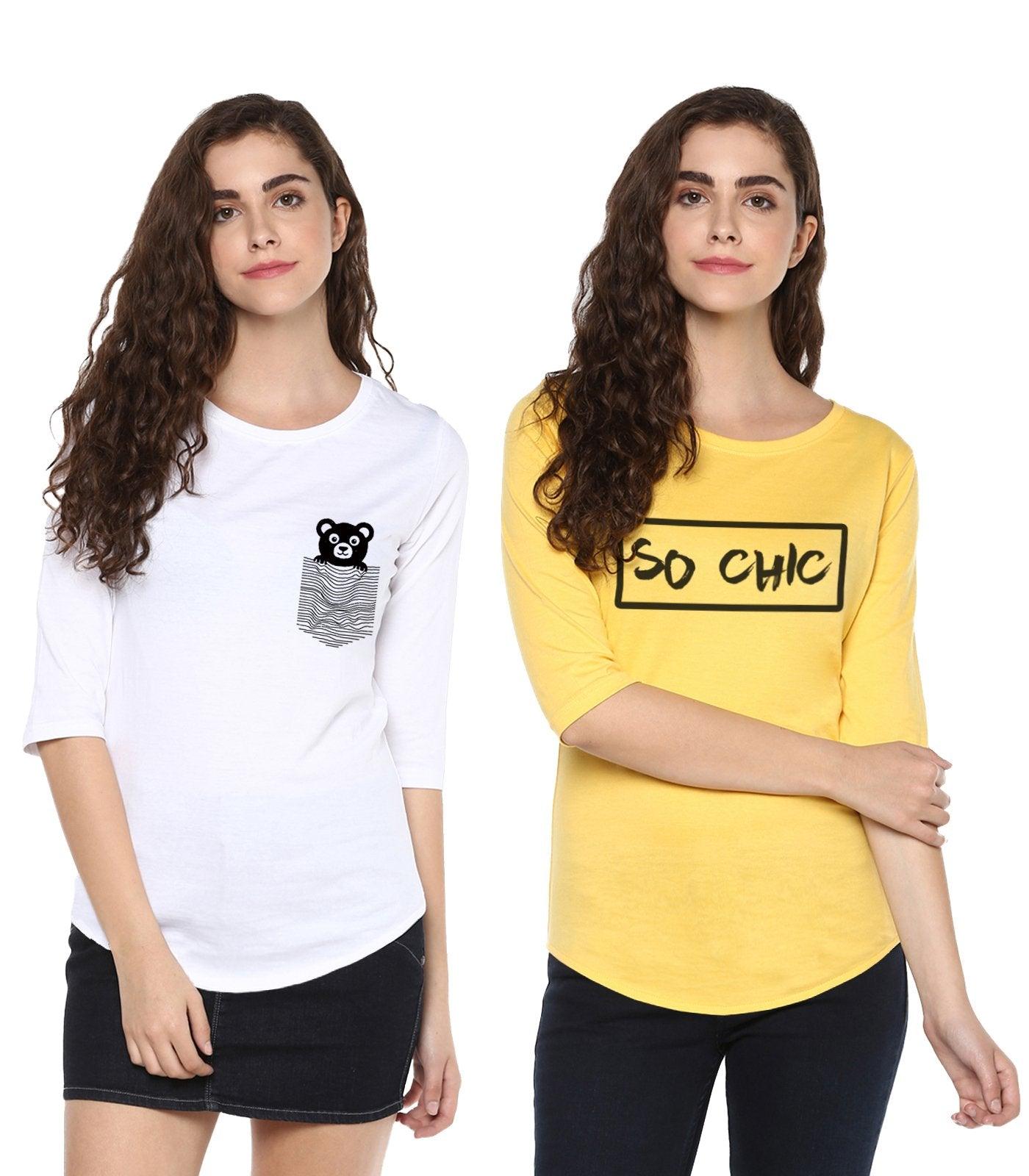 Young Trendz Womens Combo 3/4th Sleeve Teddy Printed White Color and Sochic Printed Yellow Color Tshirts - Young Trendz
