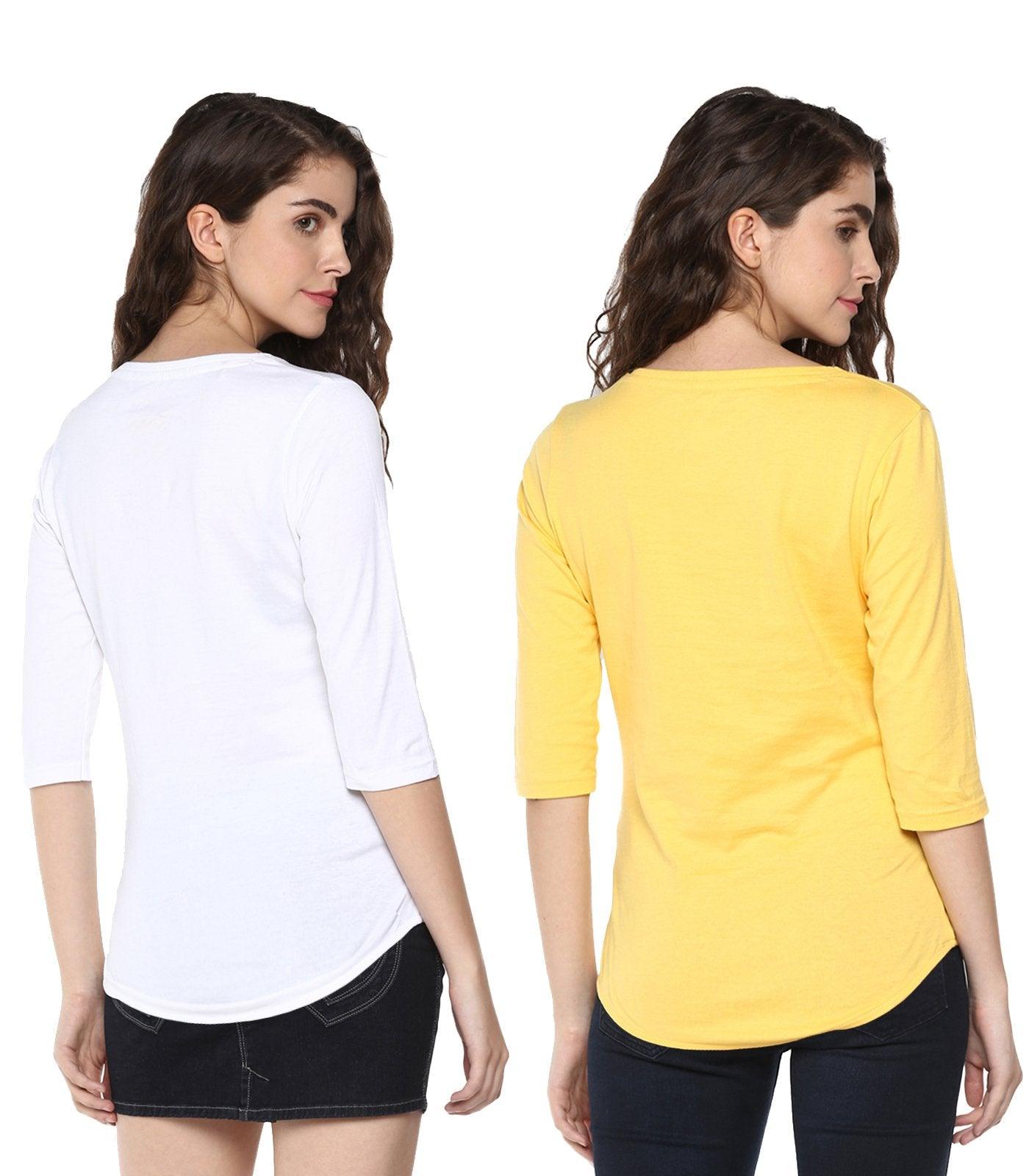 Young Trendz Womens Combo 3/4th Sleeve Teddy Printed White Color and Sochic Printed Yellow Color Tshirts - Young Trendz