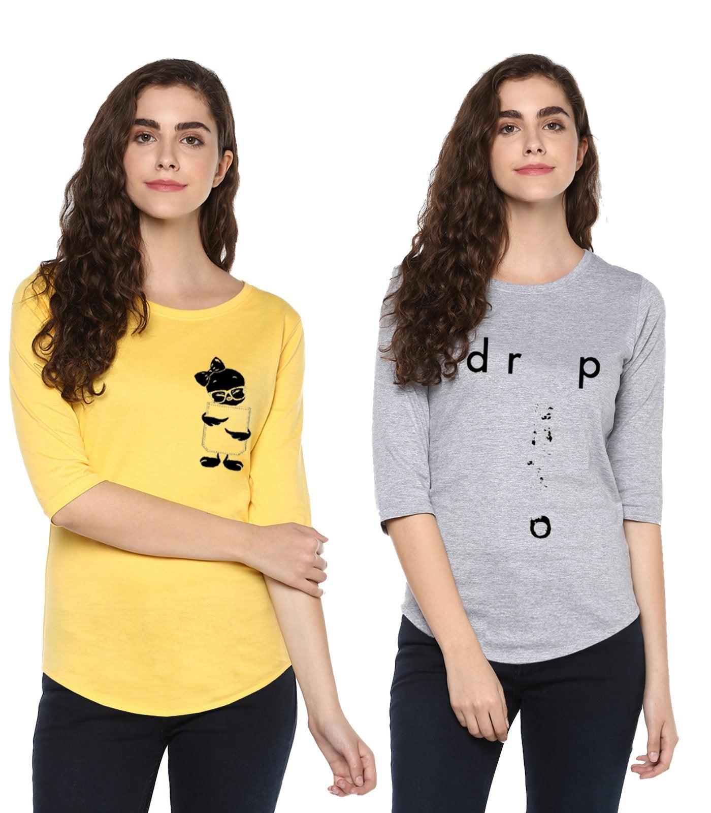 Young Trendz Womens Combo 3/4th Sleeve Tweety Printed Yellow Color and Drop Printed Grey Color Tshirts - Young Trendz