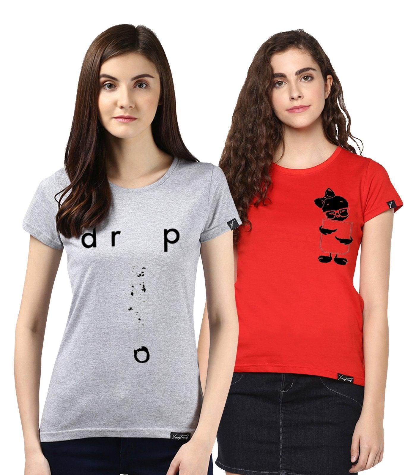 Young Trendz Womens Combo Half Sleeve Tweety Printed Red Color and Drop Printed Grey Color Tshirts - Young Trendz