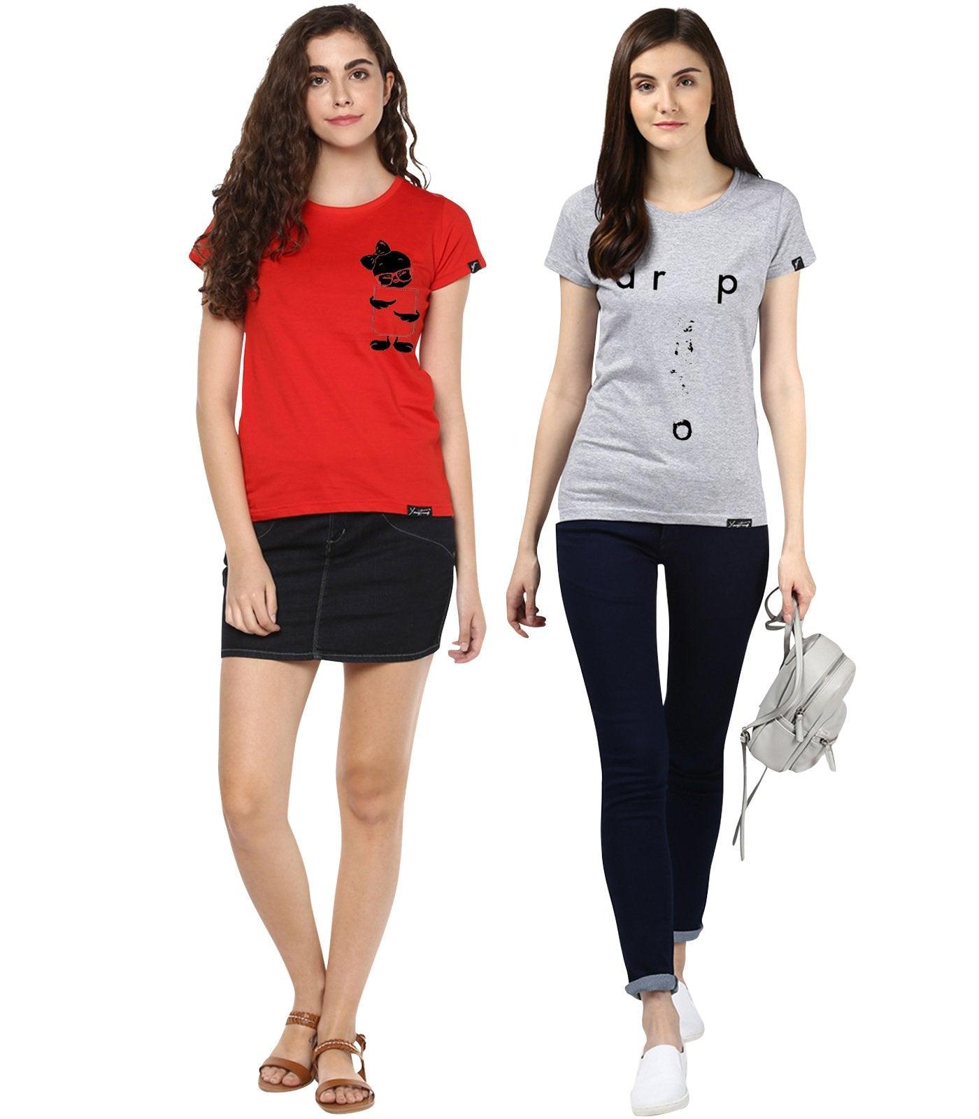 Young Trendz Womens Combo Half Sleeve Tweety Printed Red Color and Drop Printed Grey Color Tshirts - Young Trendz