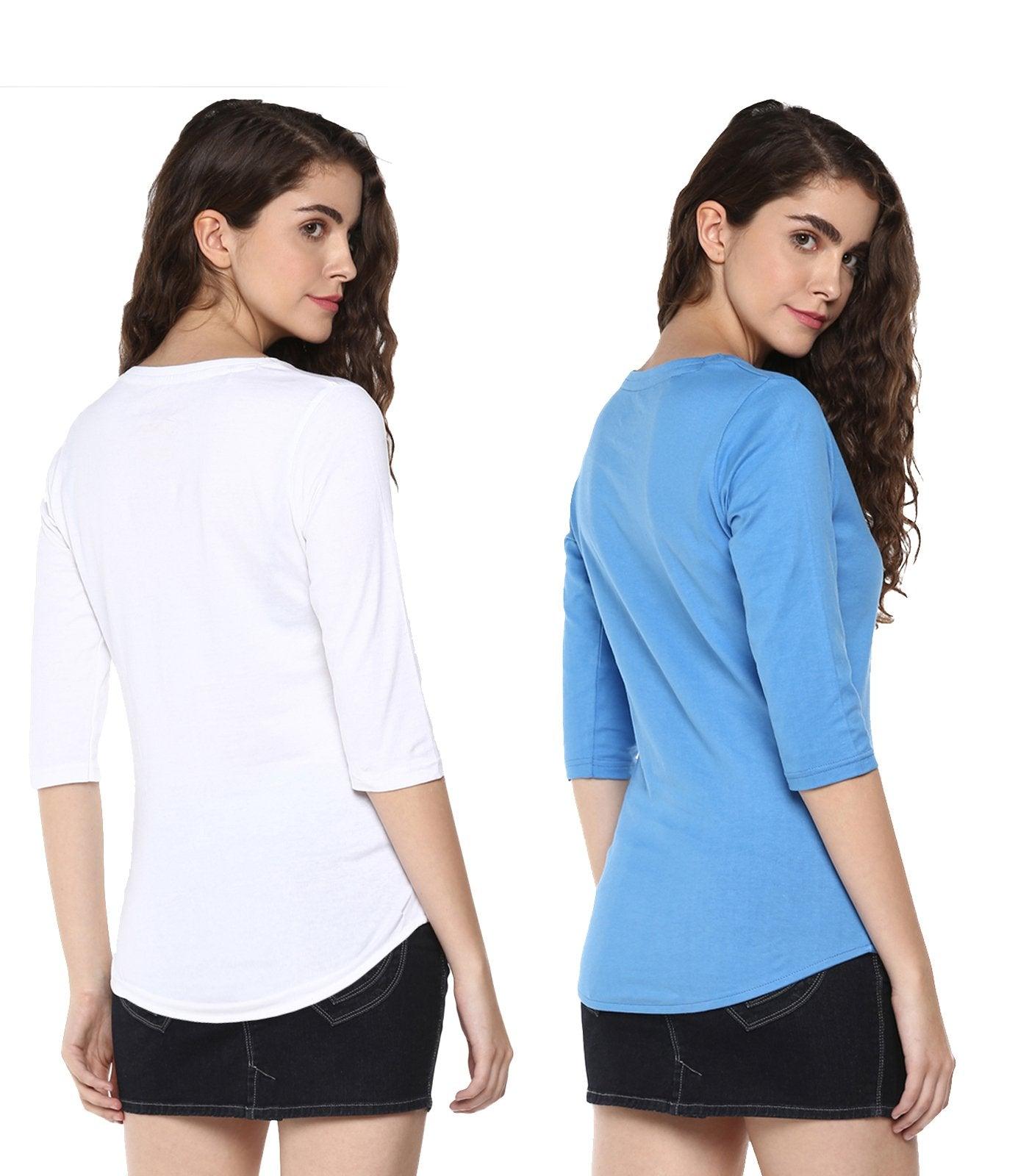 Young Trendz Womens Combo 3/4th Sleeve Tweety Printed White Color and Maker Printed Sky Blue Color Tshirts - Young Trendz
