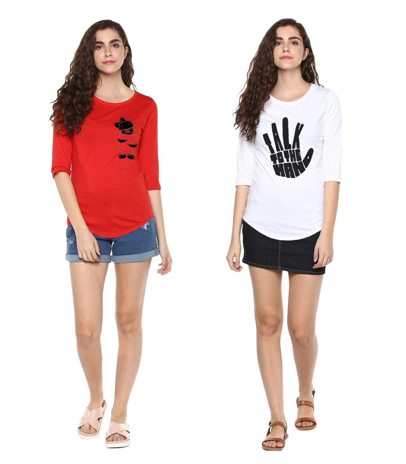 Young Trendz Womens Combo 3/4th Sleeve Tweety Printed Red Color and Talk Printed White Color Tshirts - Young Trendz