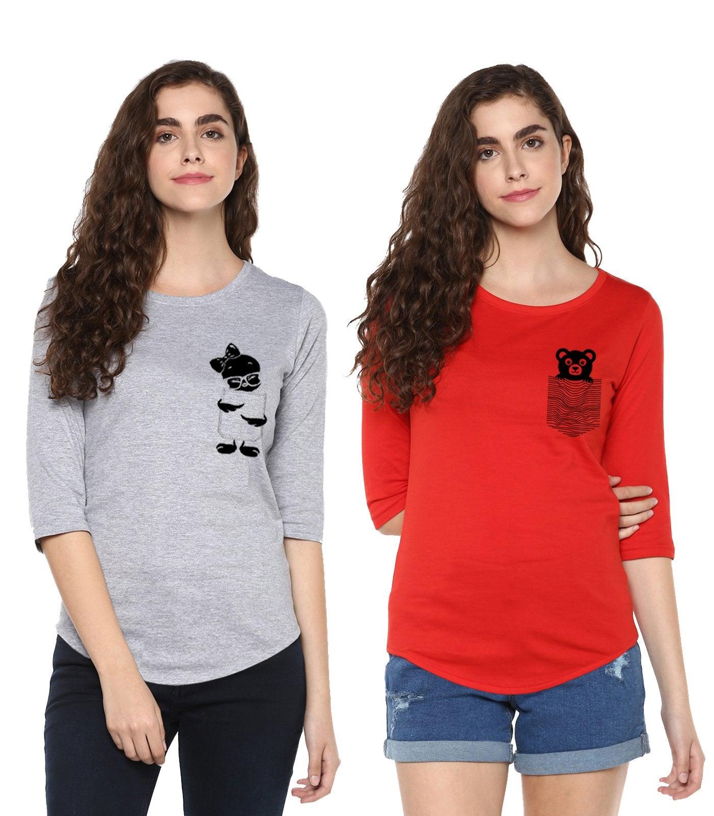 Young Trendz Womens Combo 3/4th Sleeve Tweety Printed Grey Color and Teddy Printed Red Color Tshirts - Young Trendz