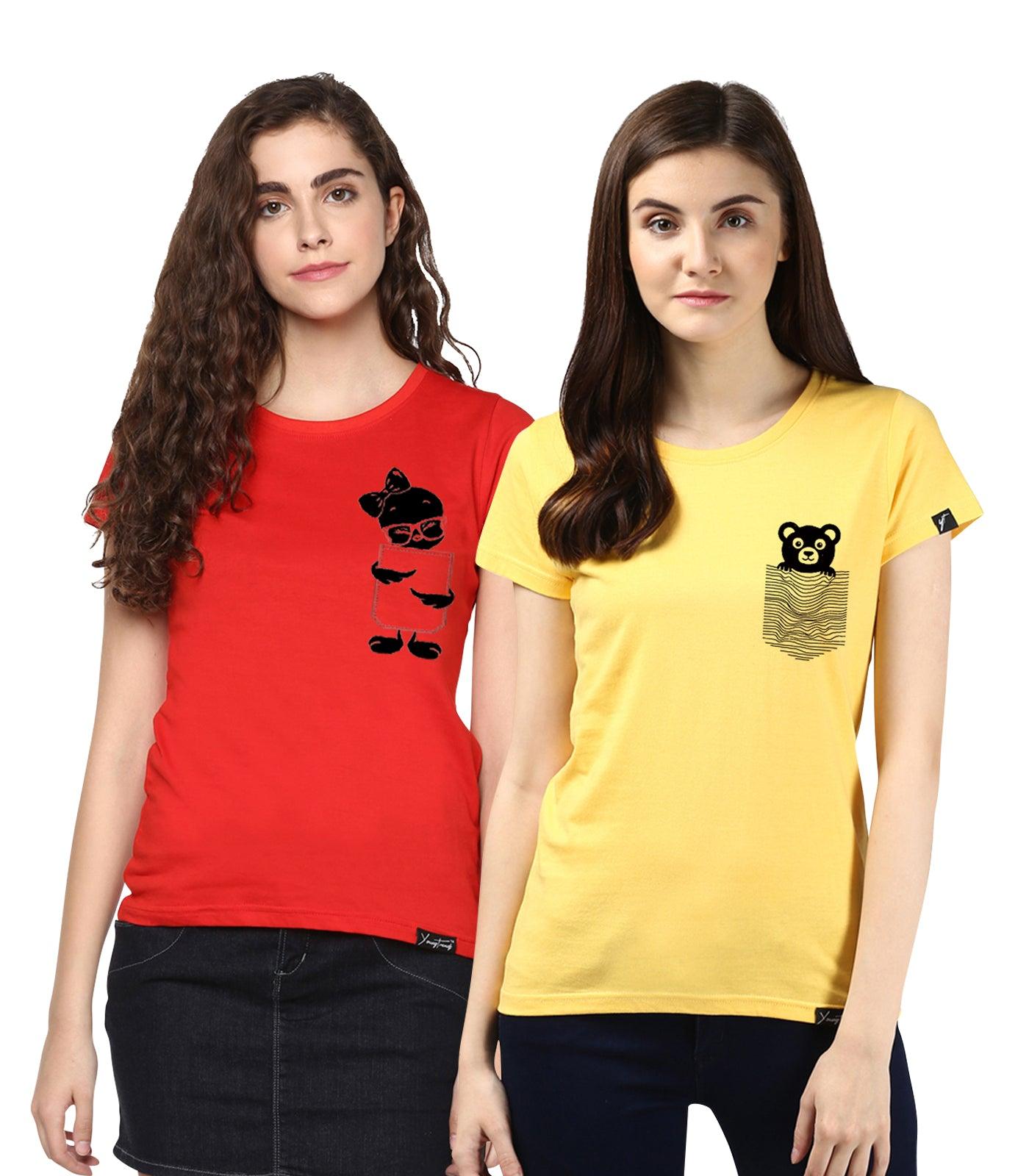 Young Trendz Womens Combo Half Sleeve Tweety Printed Red Color and Teddy Printed Yellow Color Tshirts - Young Trendz