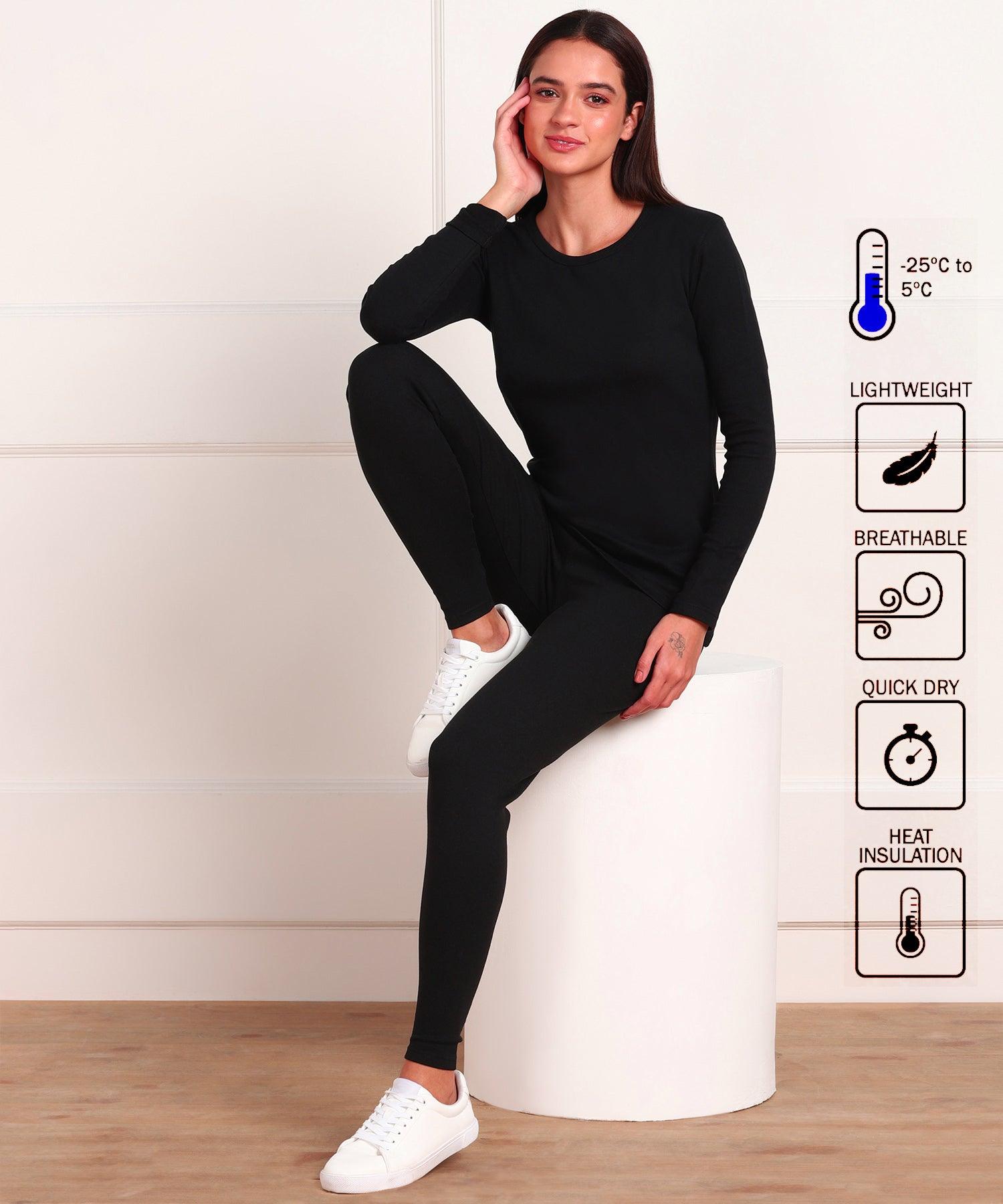 Thermal Tights & Full Sleeve Top Set for Winter Stretchable - Black - Young Trendz