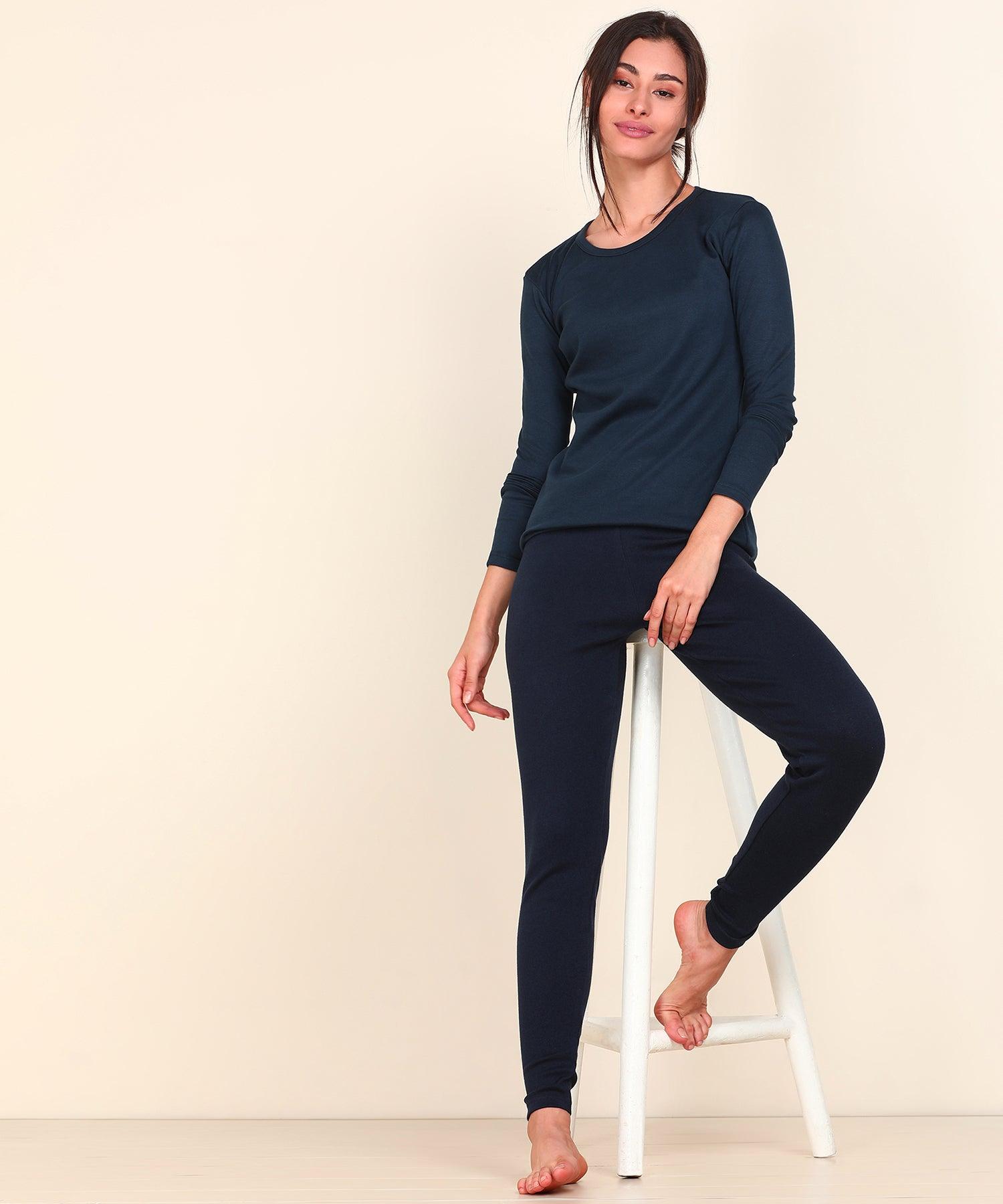 Thermal Tights & Full Sleeve Top Set for Winter Stretchable - Navy - Young Trendz